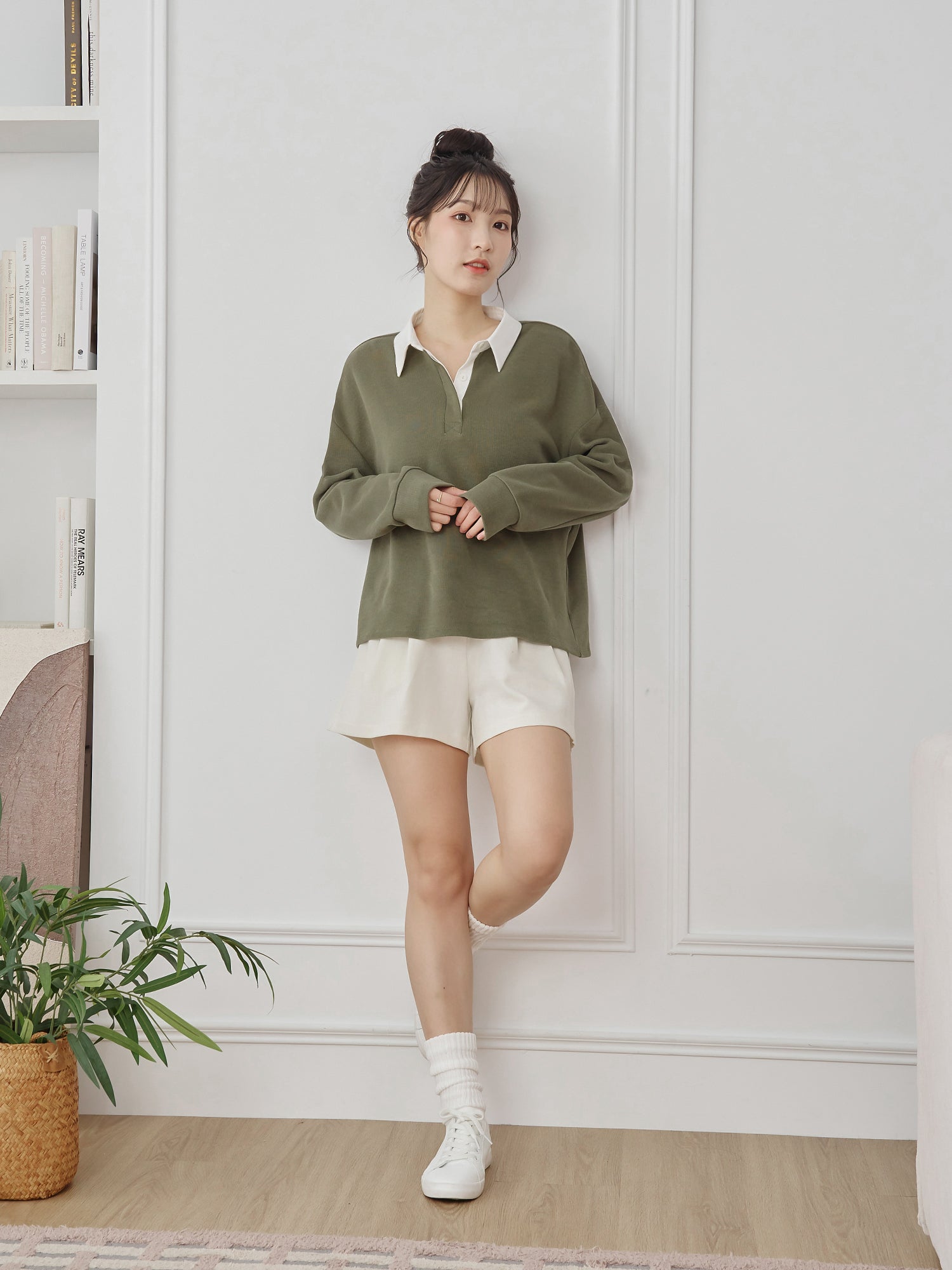 撞色襯衫領針織上衣