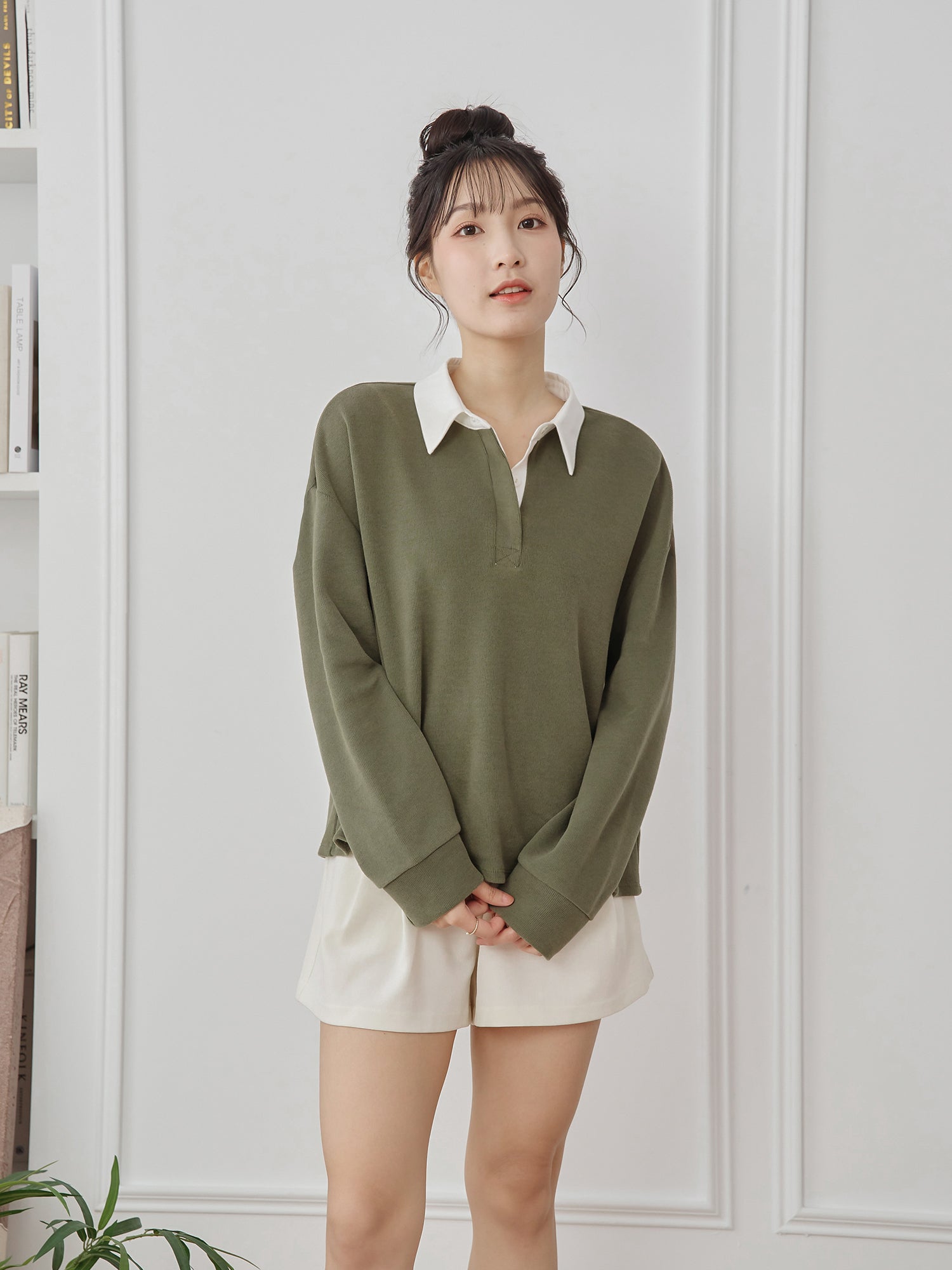 撞色襯衫領針織上衣