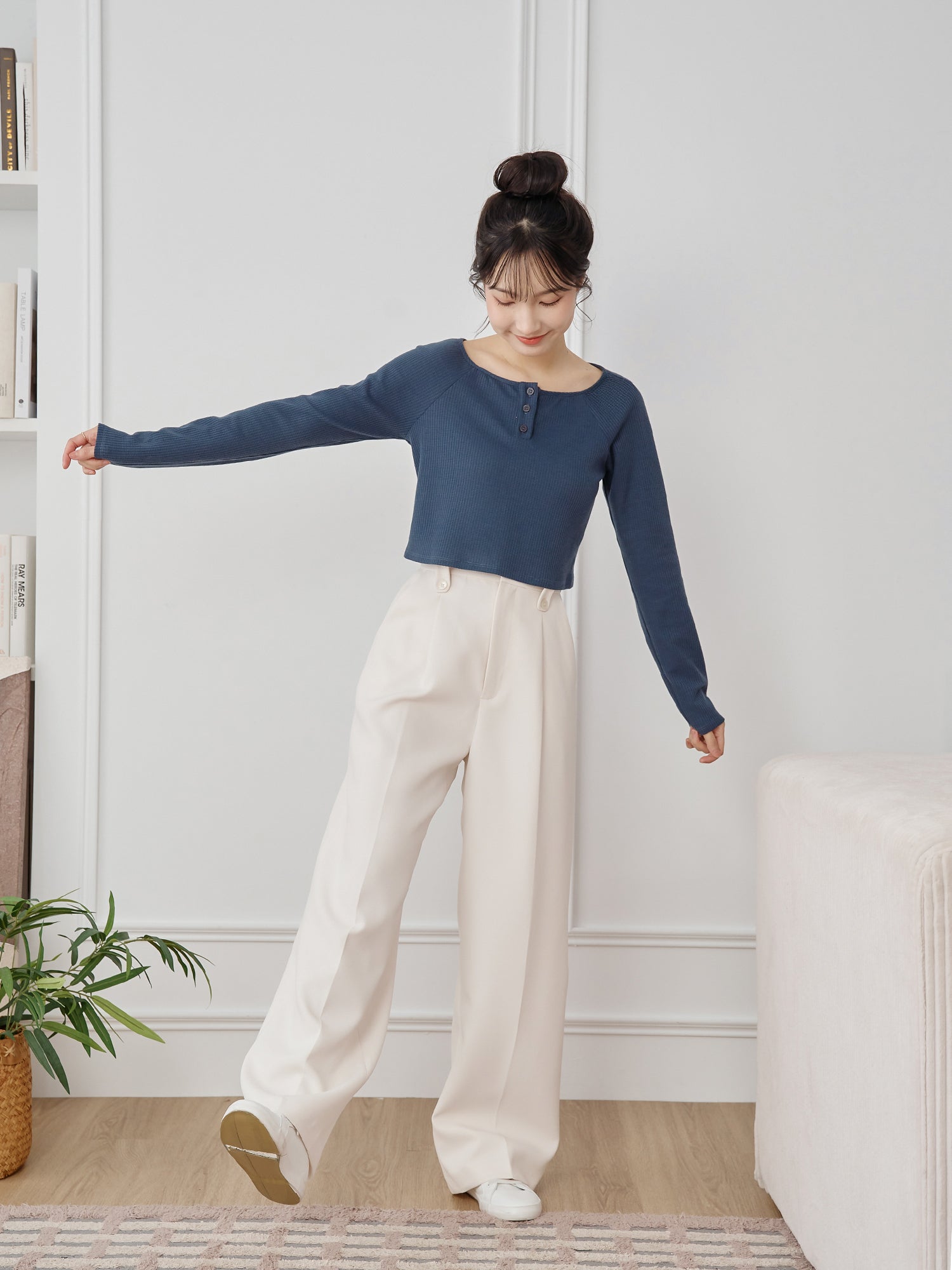 Waffle Raglan Sleeve Buttoned Top