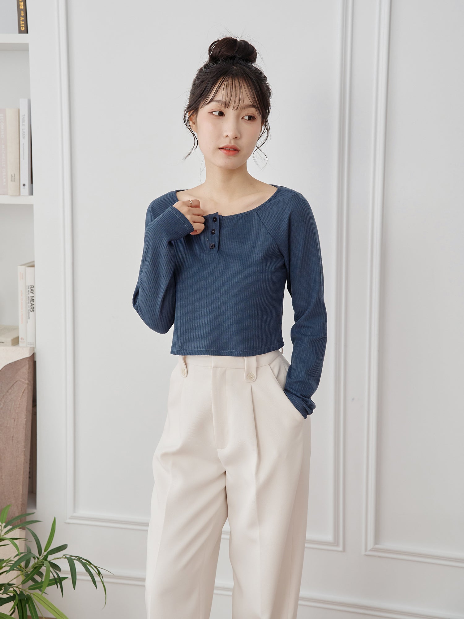Waffle Raglan Sleeve Buttoned Top