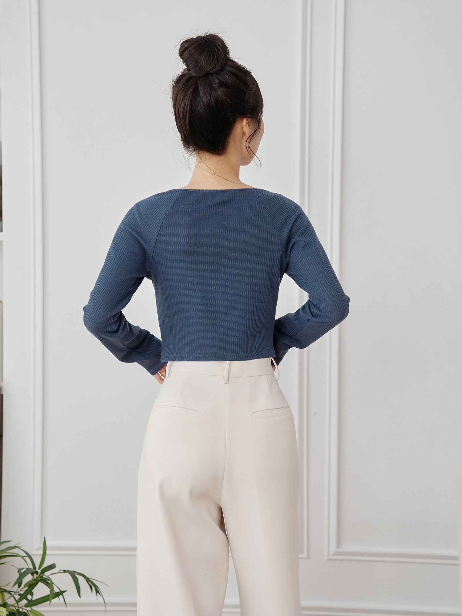 Waffle Raglan Sleeve Buttoned Top