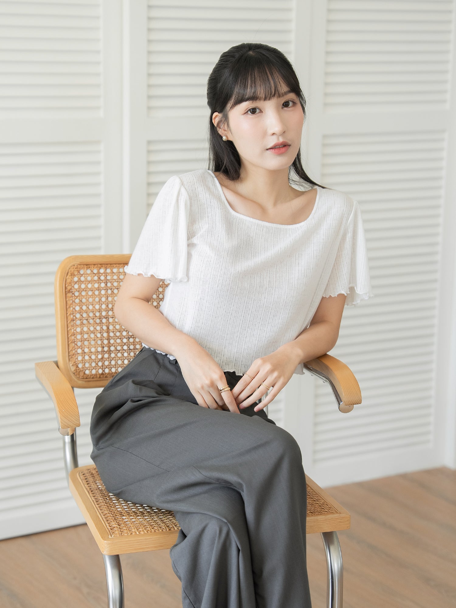 小花薄針織方領上衣