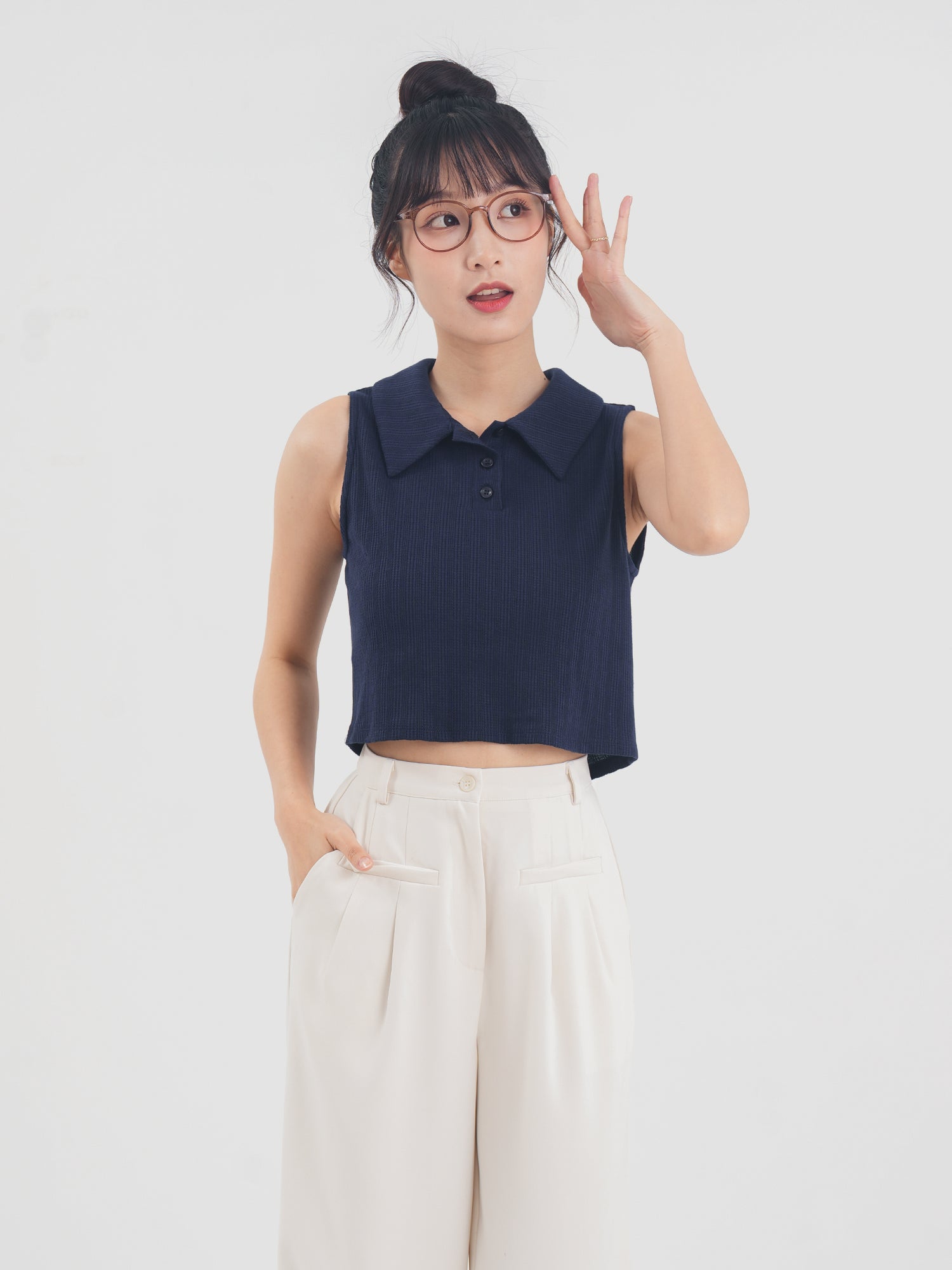 Polo Neck Sleeveless Crop Top