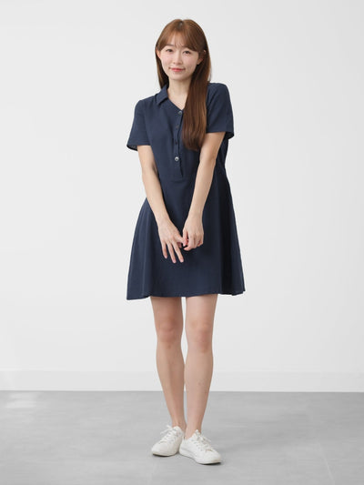 Open Collar Cotton Dress - DAG-DD1447NavyS - Navy Blue - S - D'zage Designs