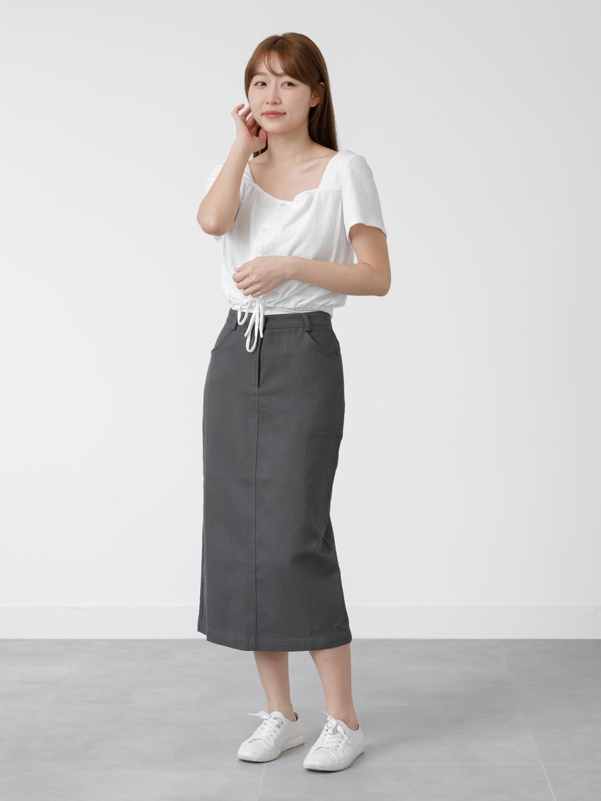 Back Slit Twill Skirt - DAG-DD1325-24CharcoalS - Charcoal - S - D'zage Designs