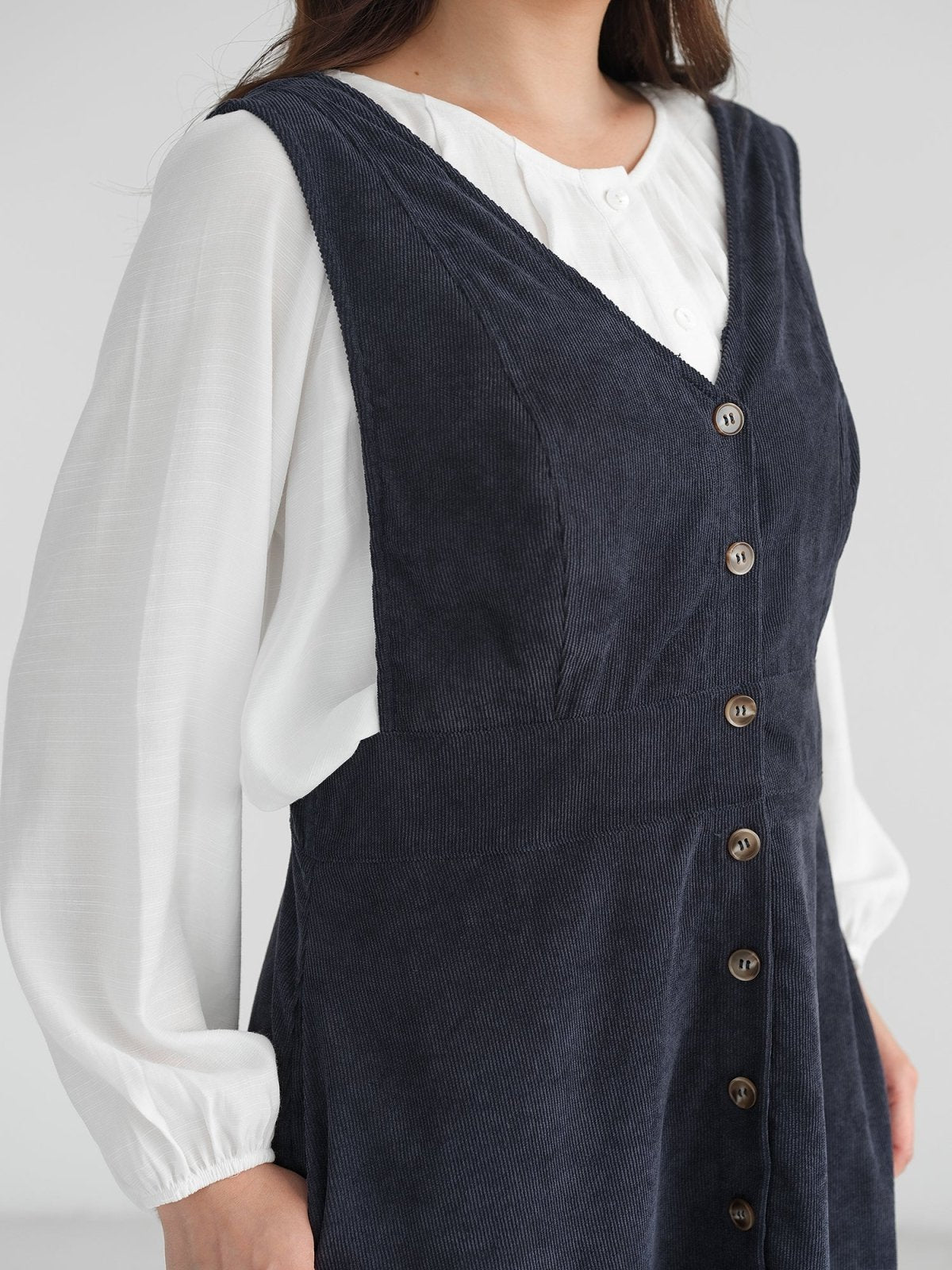 Marie Corduroy Buttoned Mini Dress - DAG-DD0072-22NavyS - Navy Blue - S - D'zage Designs