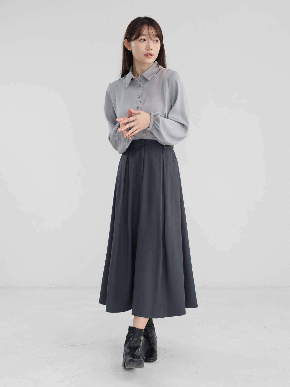 Myka Pleated Midi Skirt - DAG-DD1290-23SteelBlueF - Steel Blue - F - D'zage Designs
