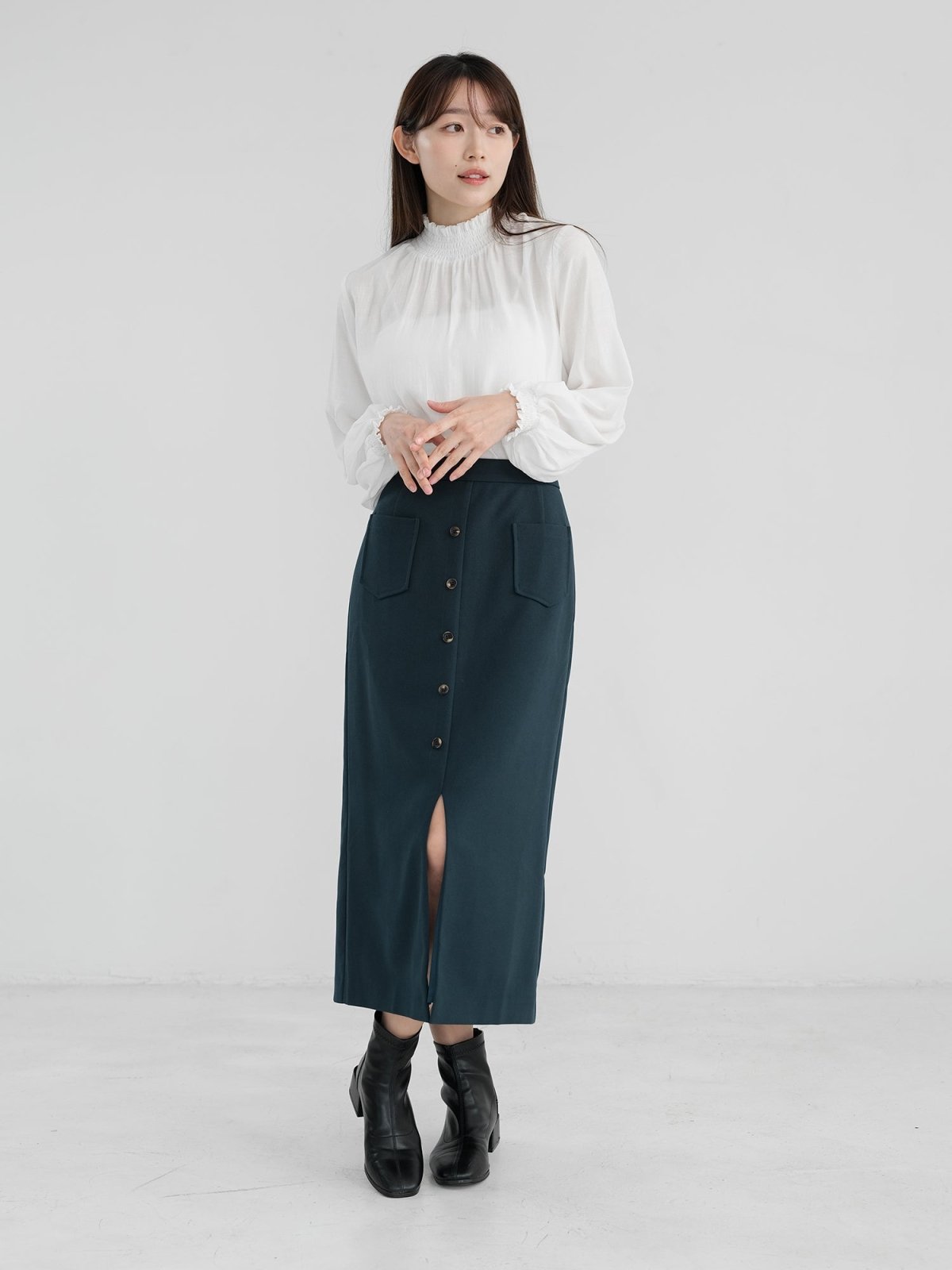 Valkyrie Buttoned Midi Skirt - DAG-DD1303-23NavyTealM - Navy Teal - M - D'zage Designs