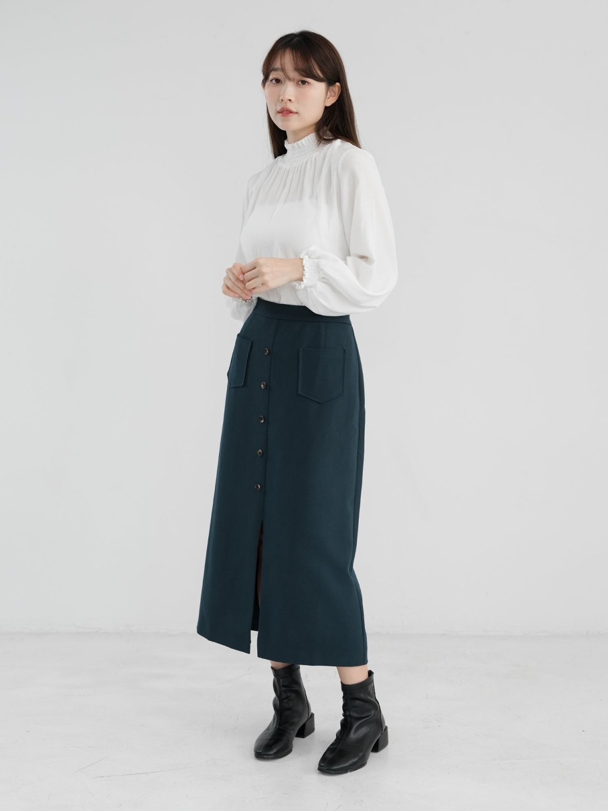 Valkyrie Buttoned Midi Skirt - DAG-DD1303-23NavyTealM - Navy Teal - M - D'zage Designs