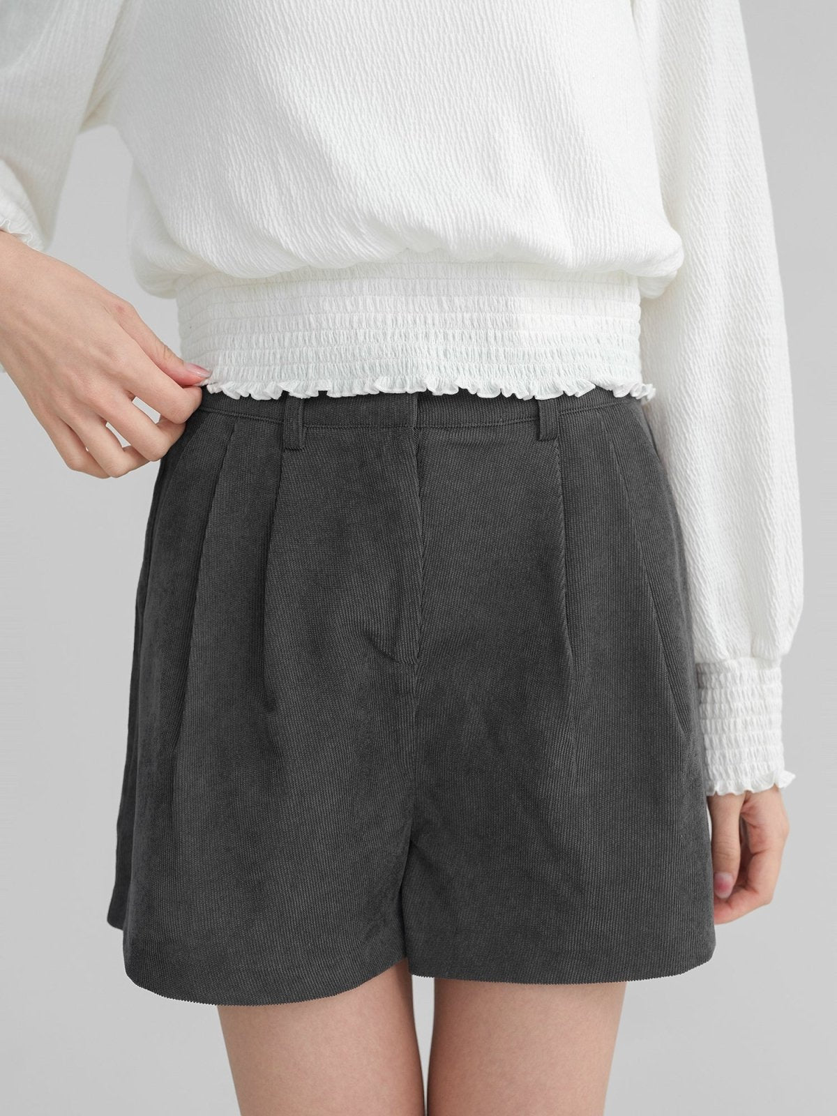 Corduroy Pleated Shorts - DAG-DD1385-24CharcoalS - Charcoal - S - D'zage Designs