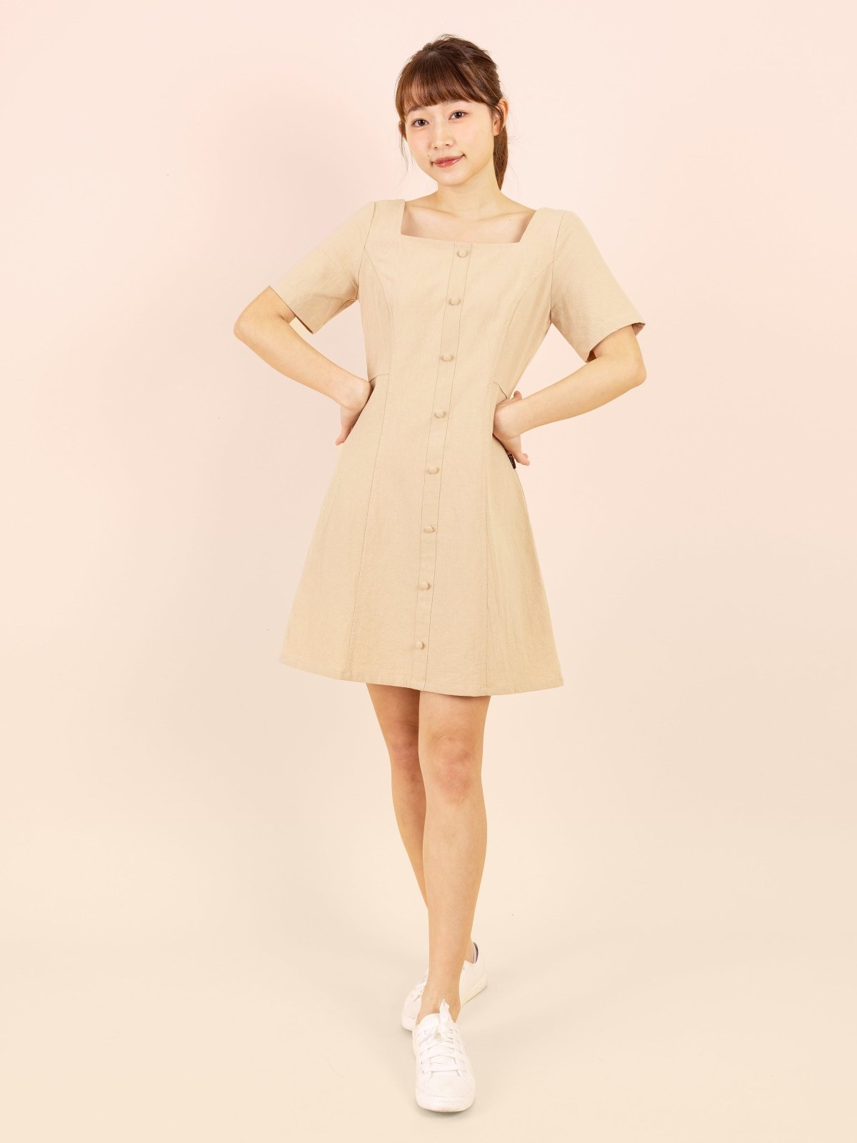 Square-Neck Button Front Mini Dress - DAG-DD9153-22AlmondCreamS - Beige - S - D'zage Designs