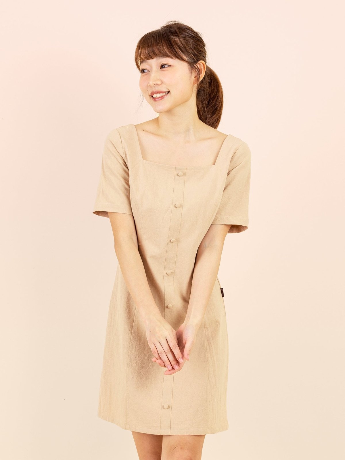 Square-Neck Button Front Mini Dress - DAG-DD9153-22AlmondCreamS - Beige - S - D'zage Designs