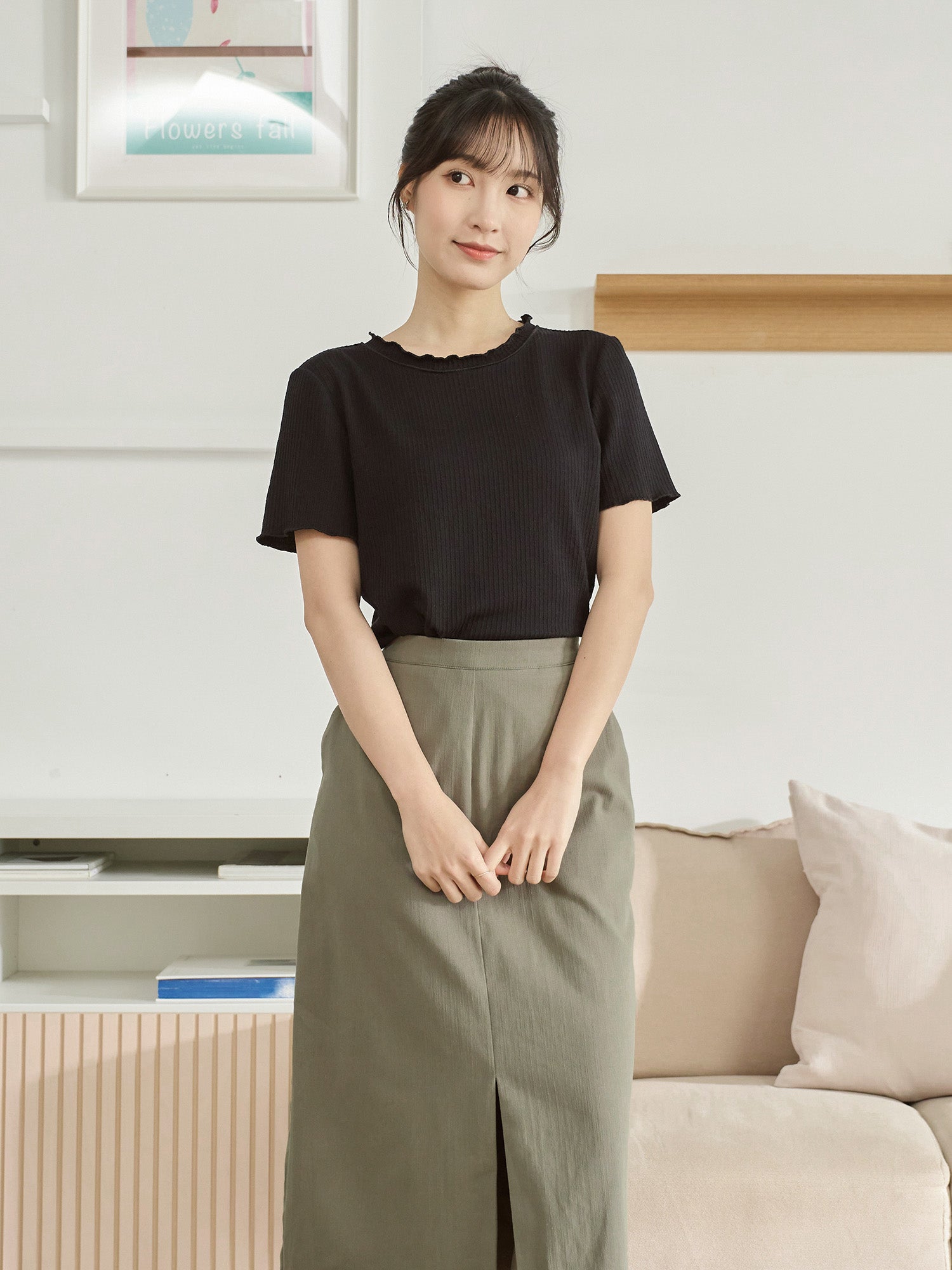 高腰前開衩半身裙