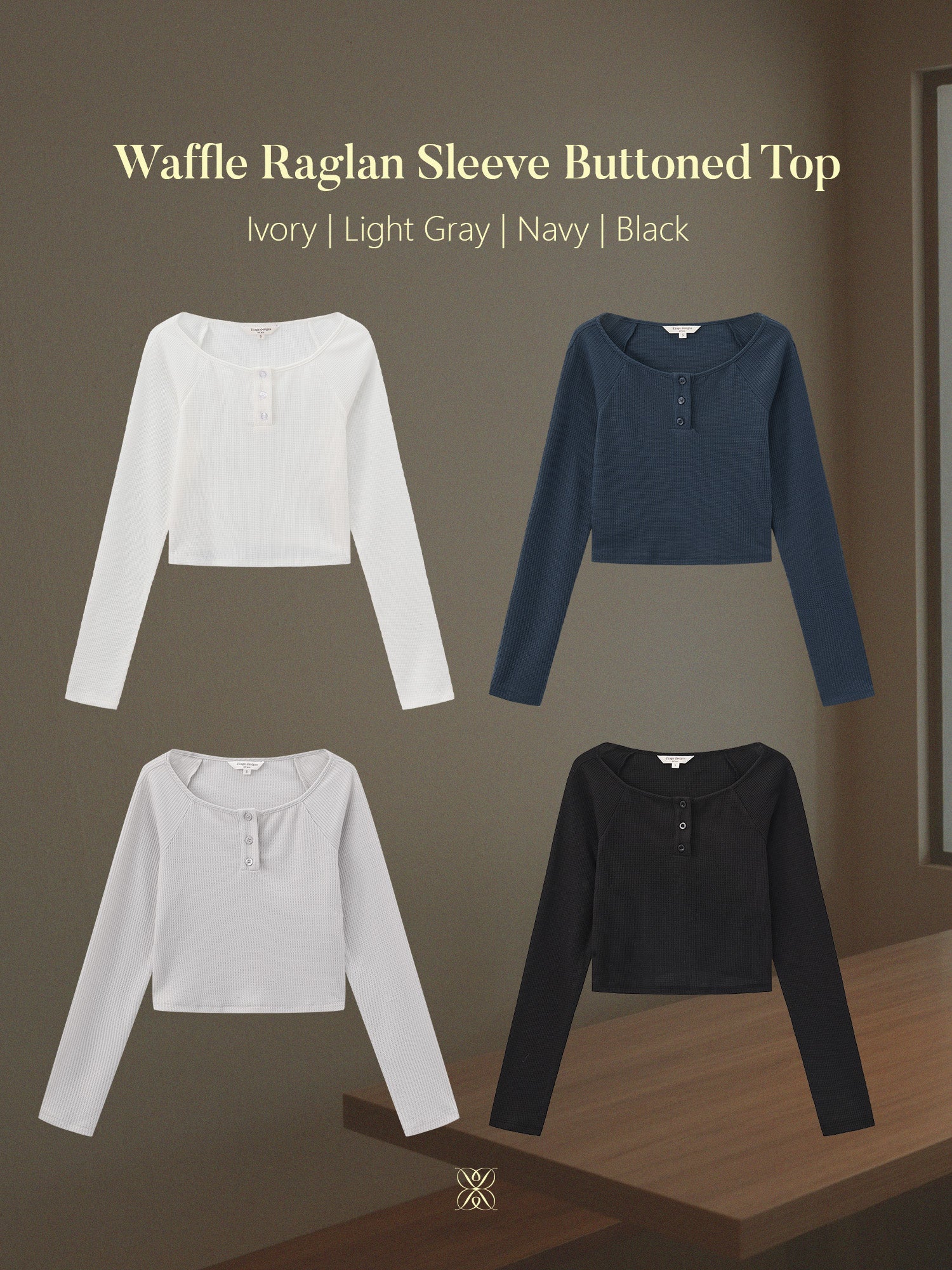 Waffle Raglan Sleeve Buttoned Top