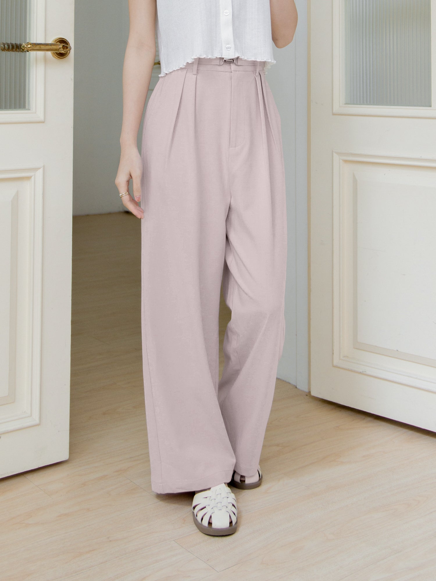 Metallic Buckled Pleated Pants