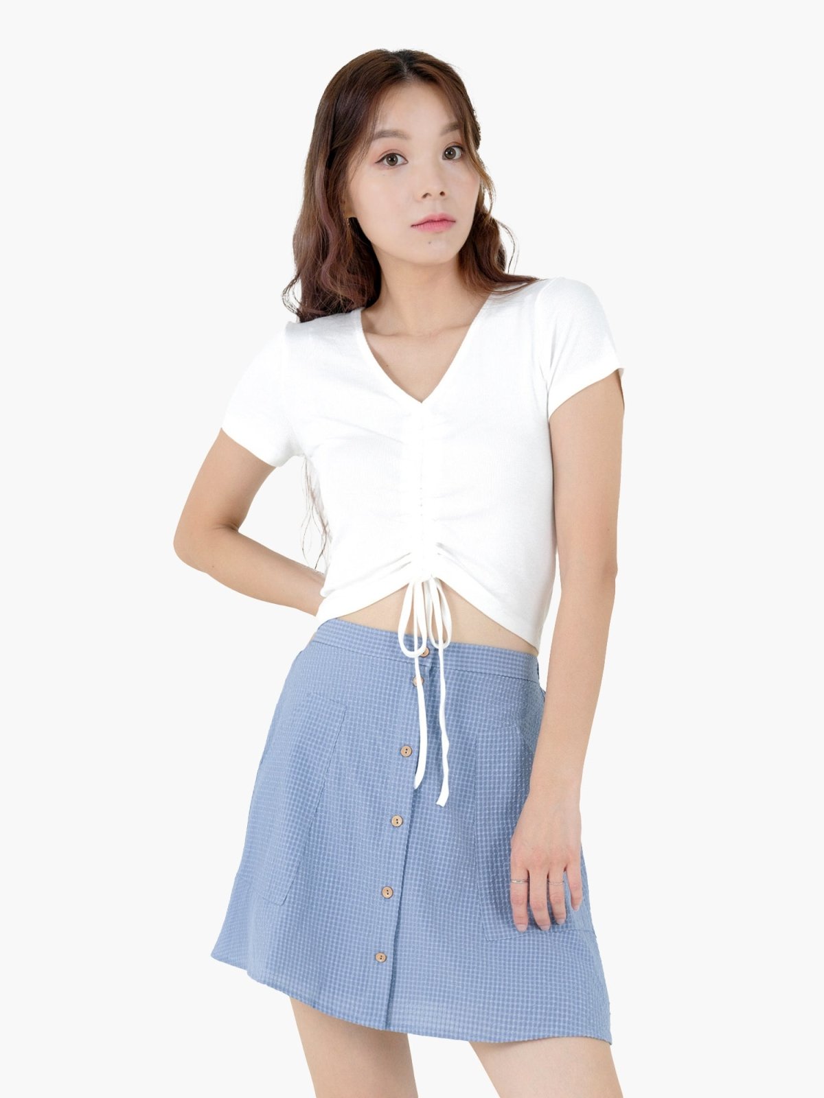 Connie Textured Checker Mini Skirt - DAG-DD9533-22BlueF - Baby Blue - F - D'ZAGE Designs