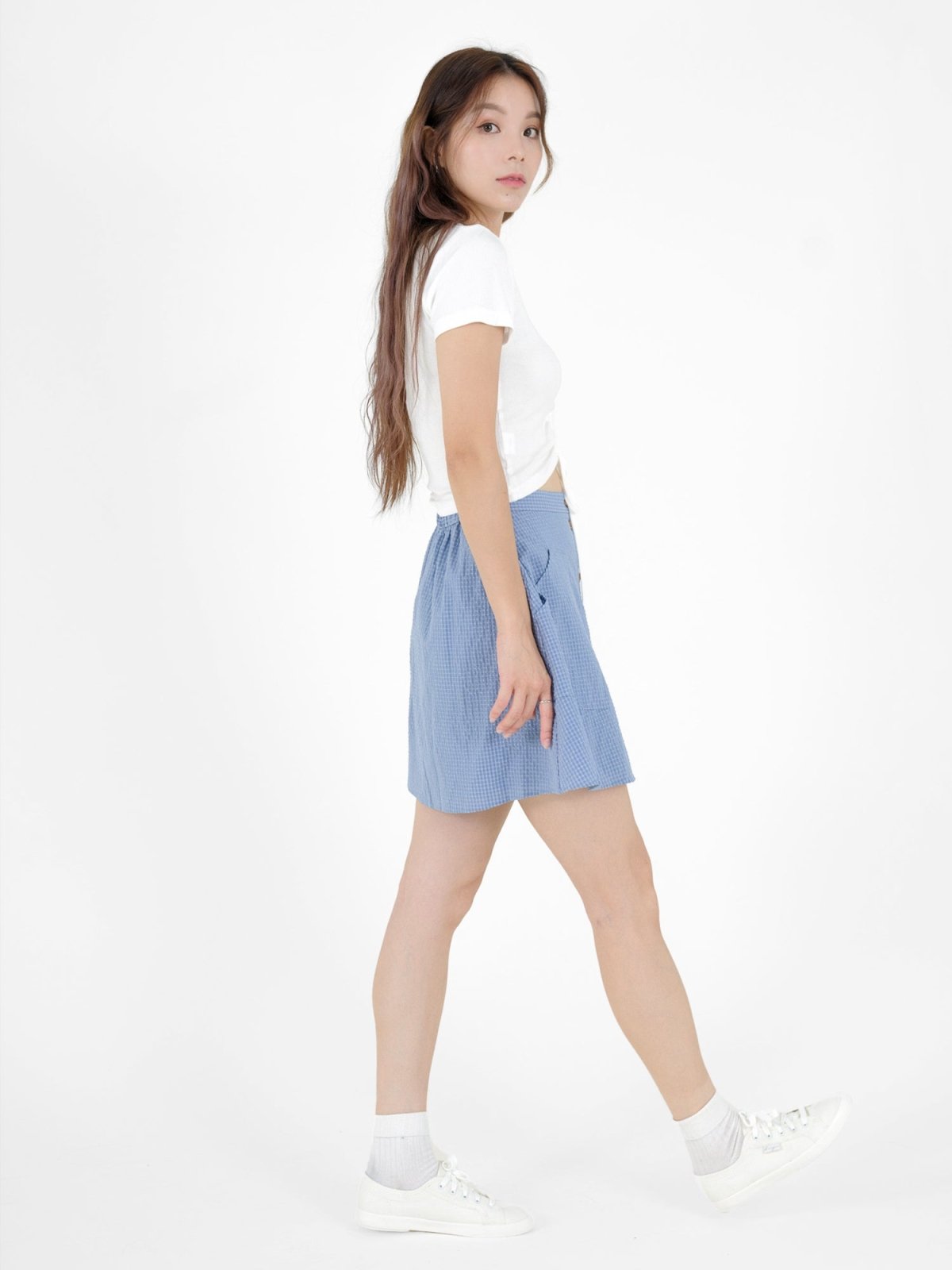 Connie Textured Checker Mini Skirt - DAG-DD9533-22BlueF - Baby Blue - F - D'ZAGE Designs