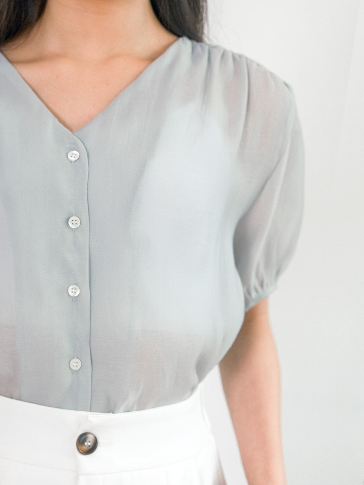 Aurora V-neck Puff Sleeve Top - DAG-G-220115BlueF - Mint - F - D'ZAGE Designs