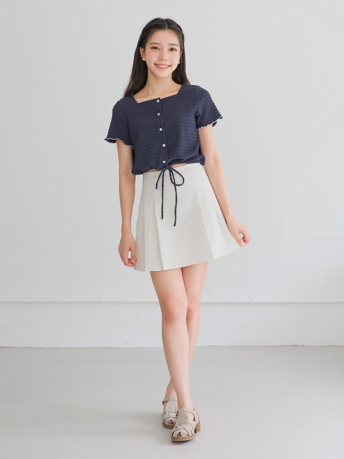 Moon Square Neck Wrinkle Top - DAG-DD0413-23NavyS - Navy With White Hem - S - D'ZAGE Designs