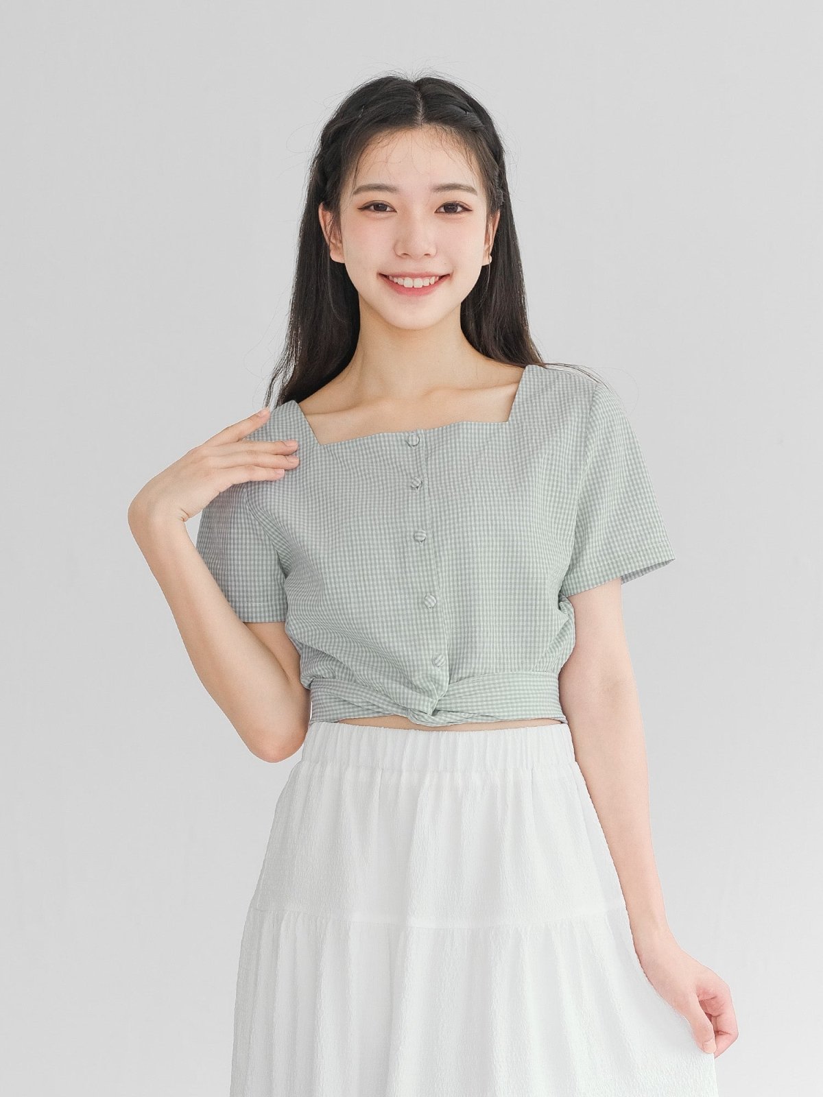 Alise Checkered Two-Way Top - DAG-DD8657-21LtGreenGinhamS - Mint White Checkers - S - D'ZAGE Designs