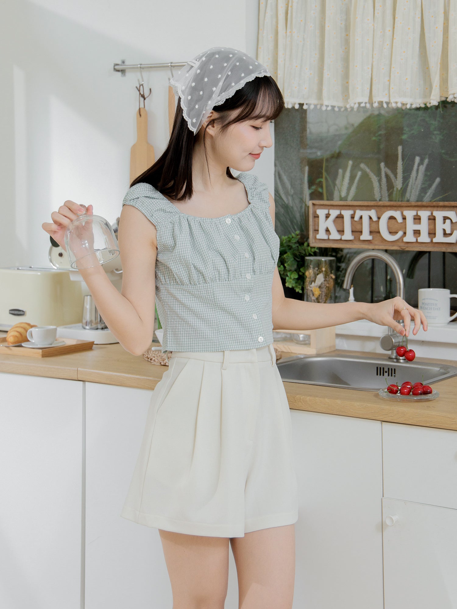 Gathered Buttoned Checker Top