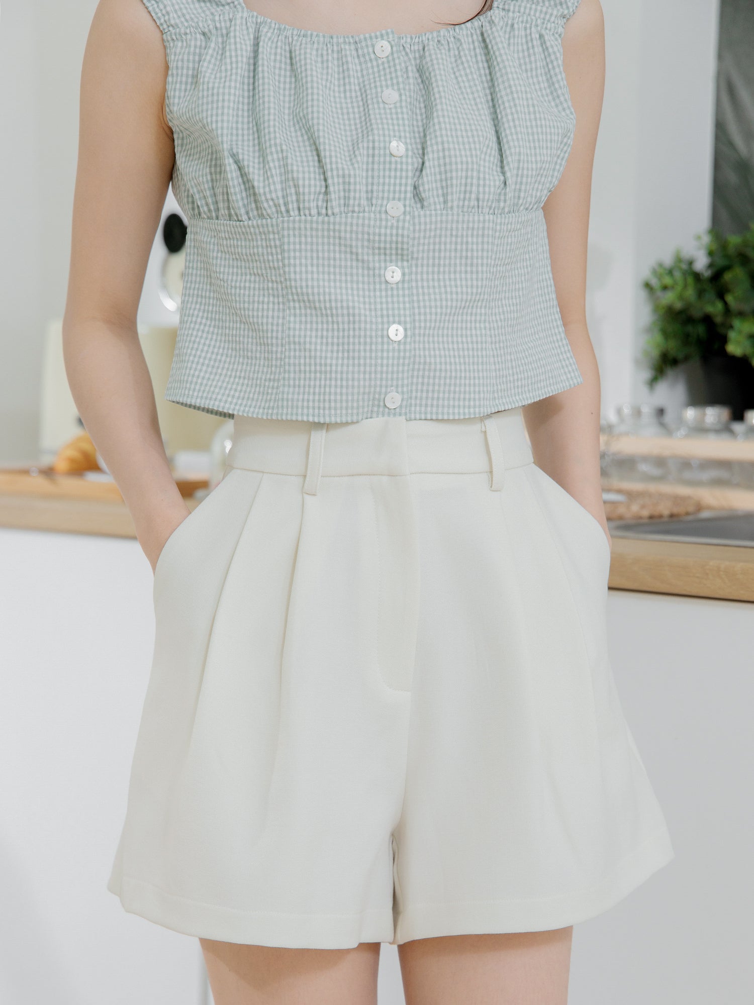 Gathered Buttoned Checker Top
