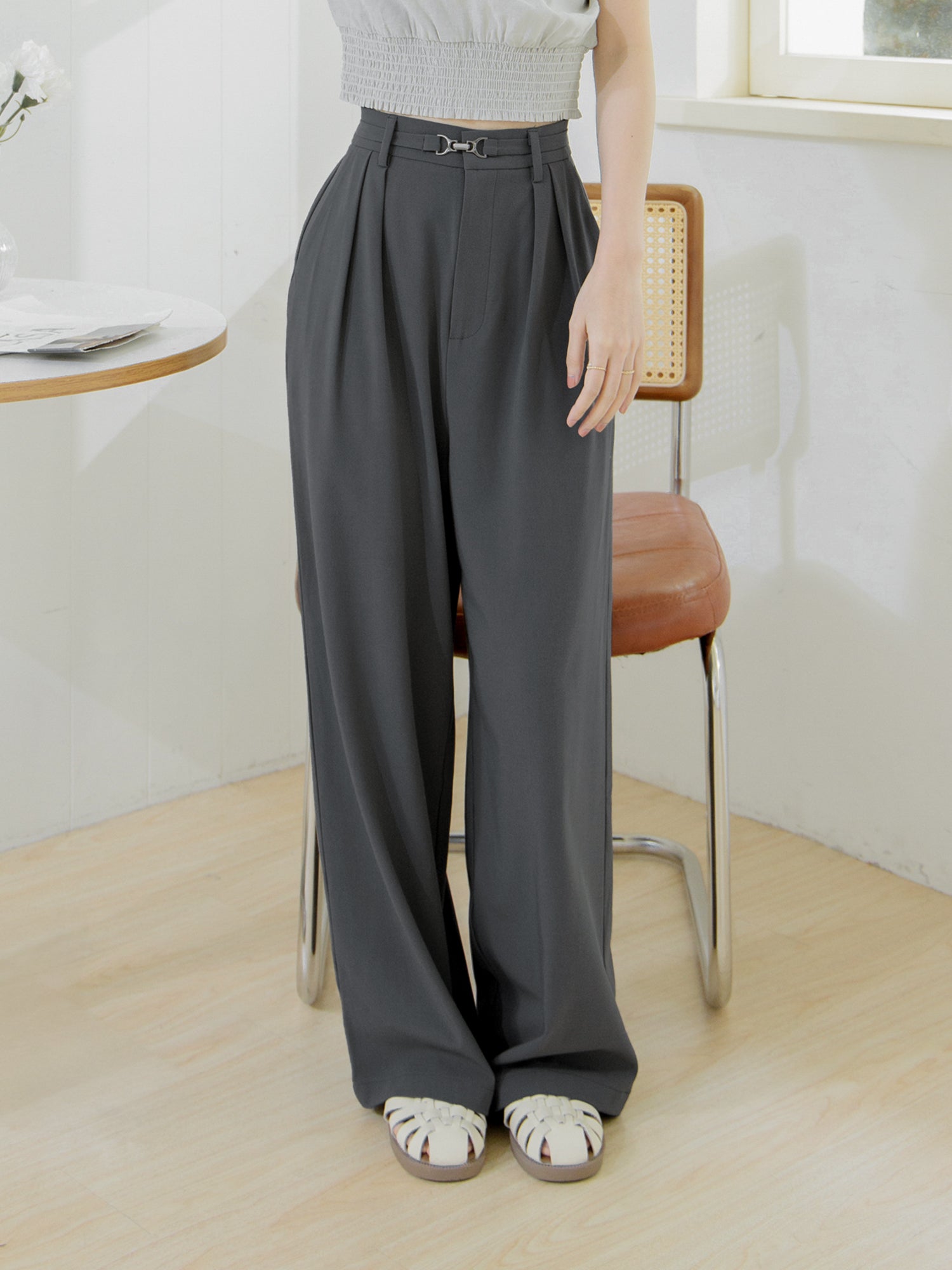 Metallic Buckled Pleated Pants