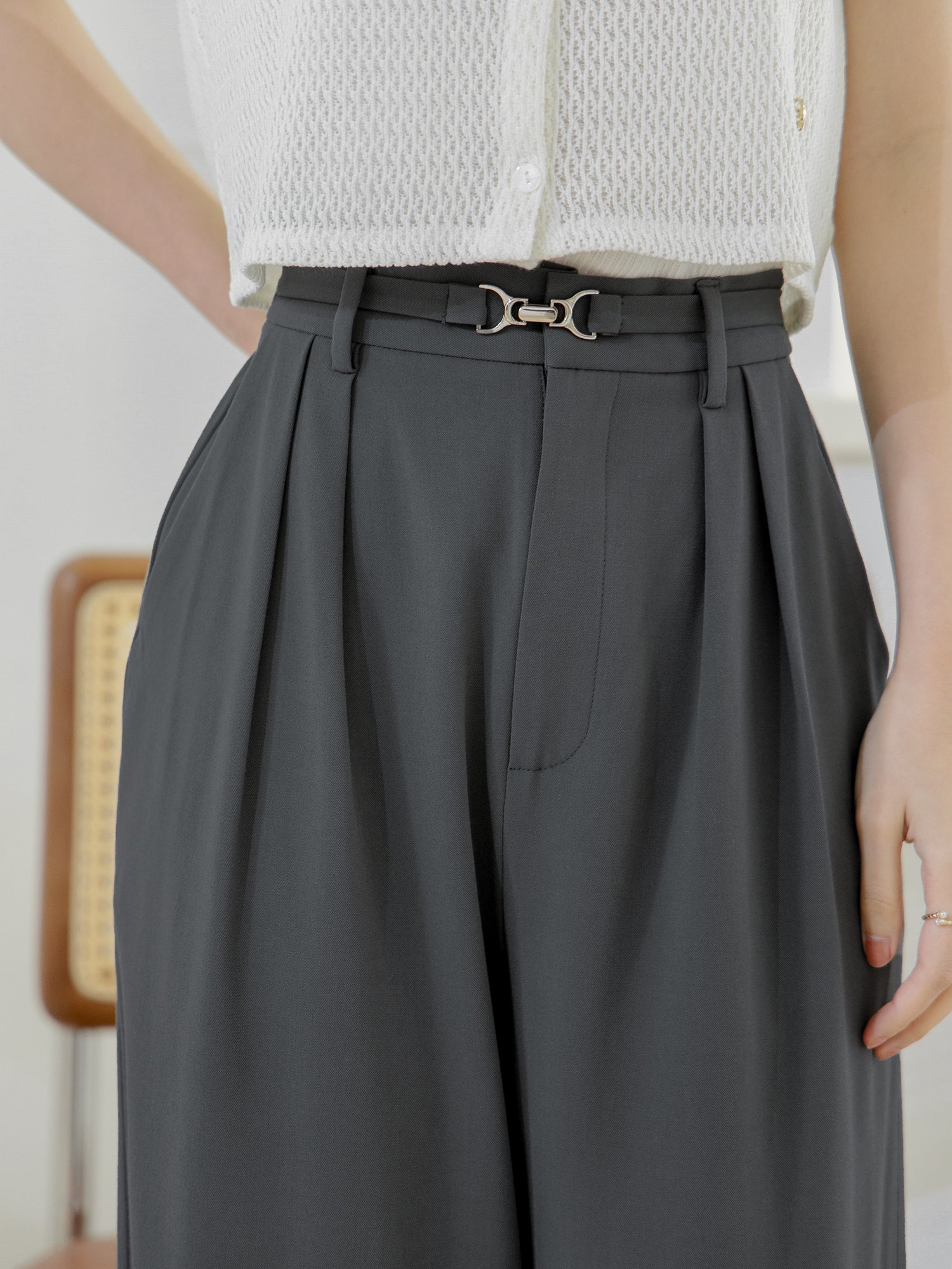 Metallic Buckled Pleated Pants