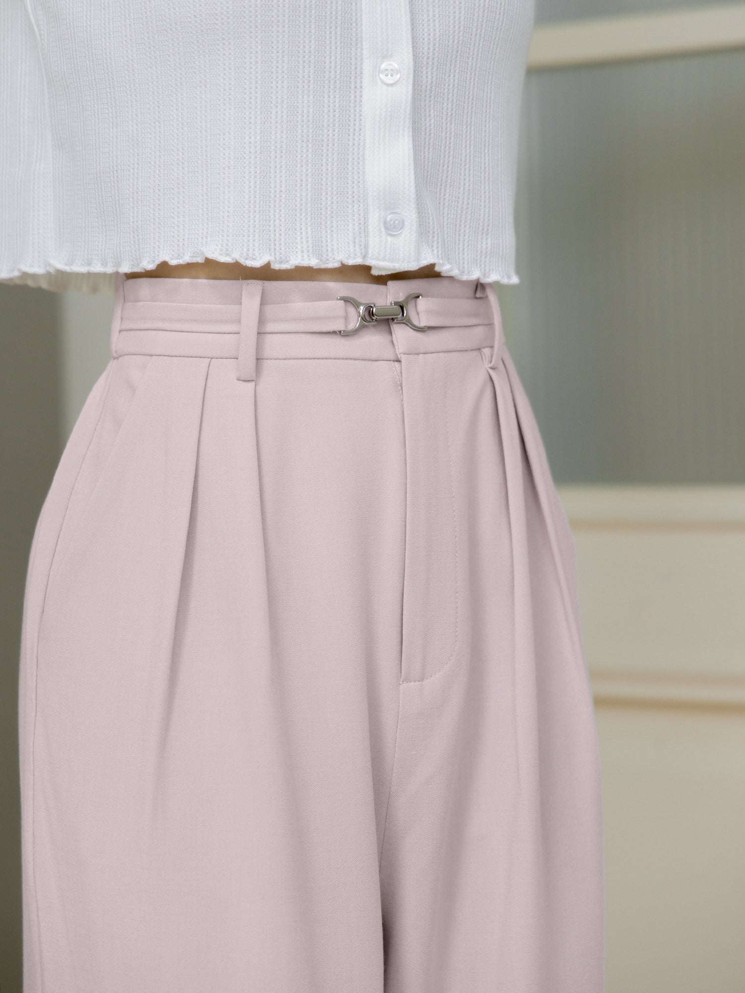 Metallic Buckled Pleated Pants