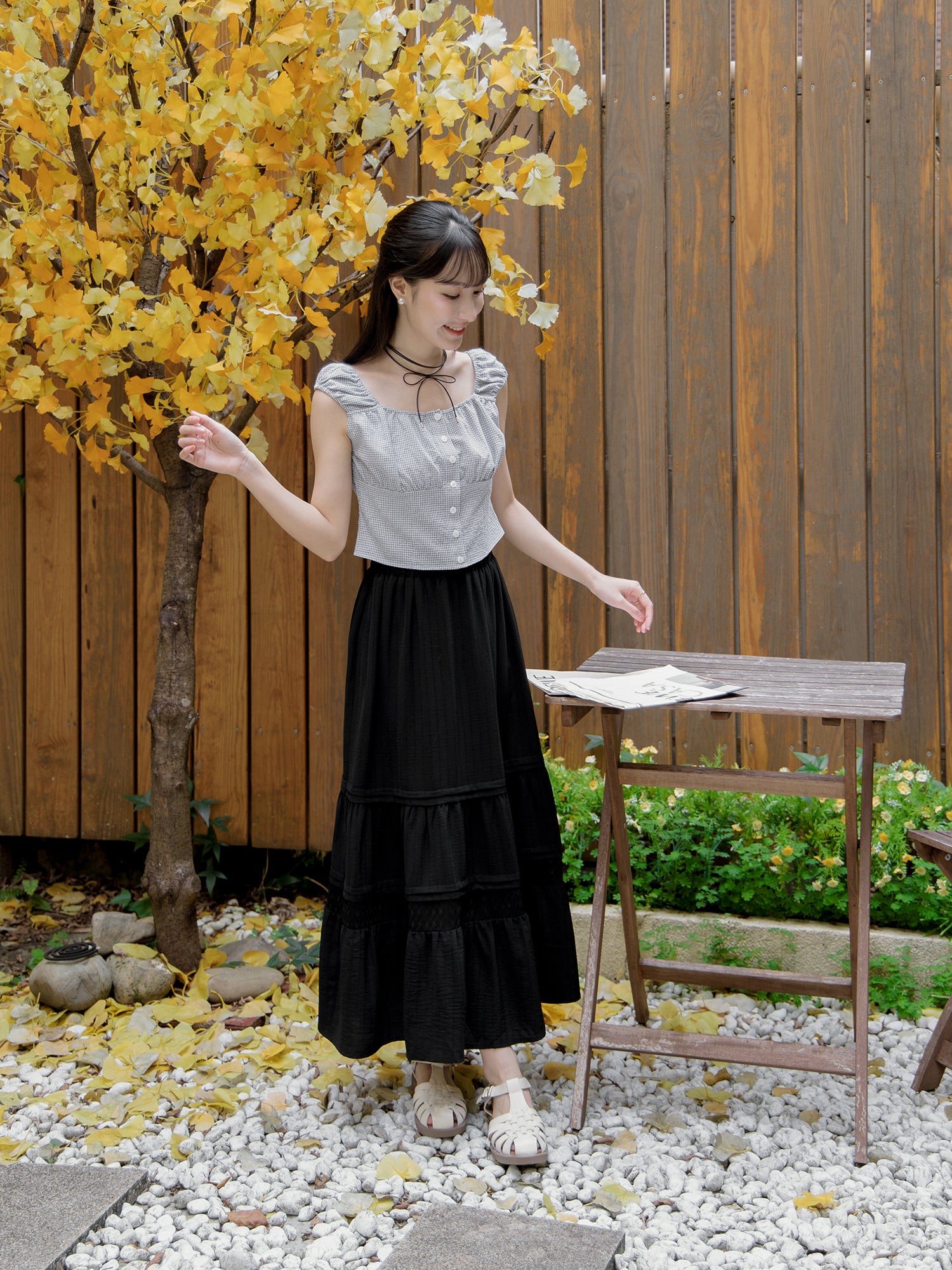 Gathered Buttoned Checker Top