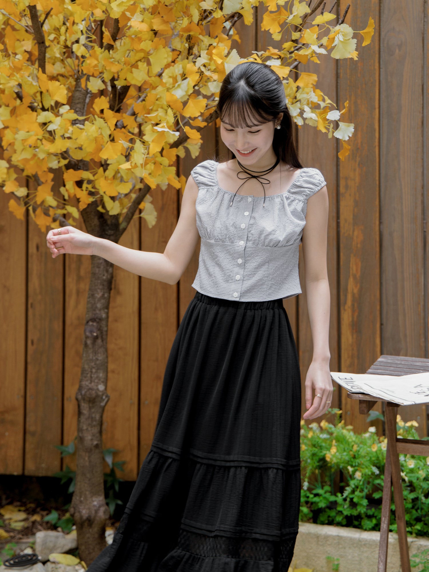 Gathered Buttoned Checker Top