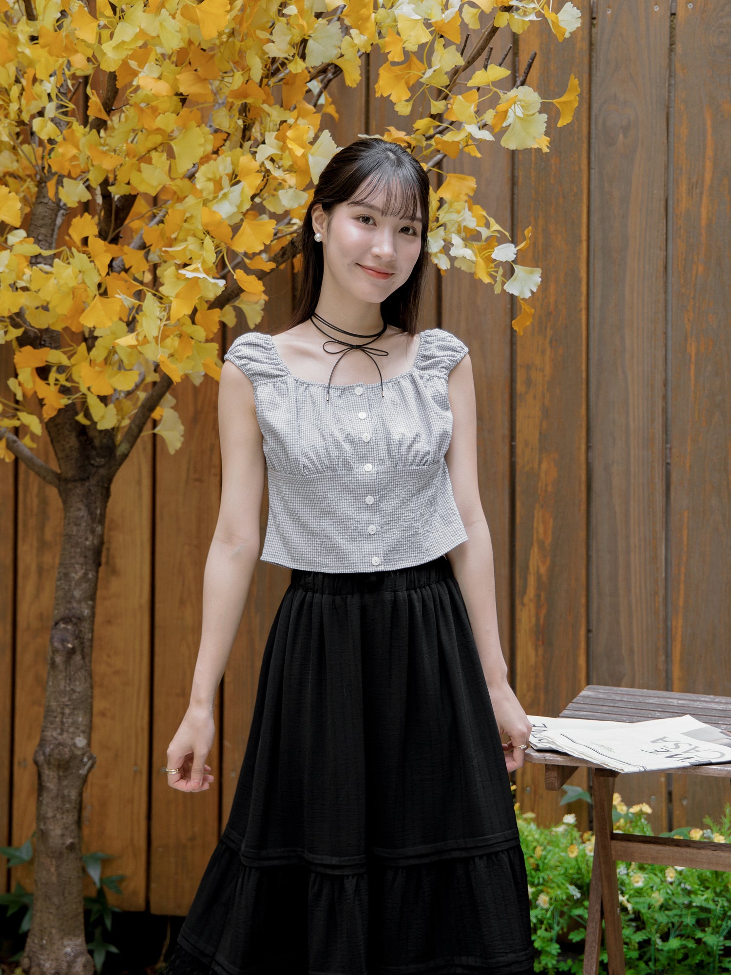Gathered Buttoned Checker Top