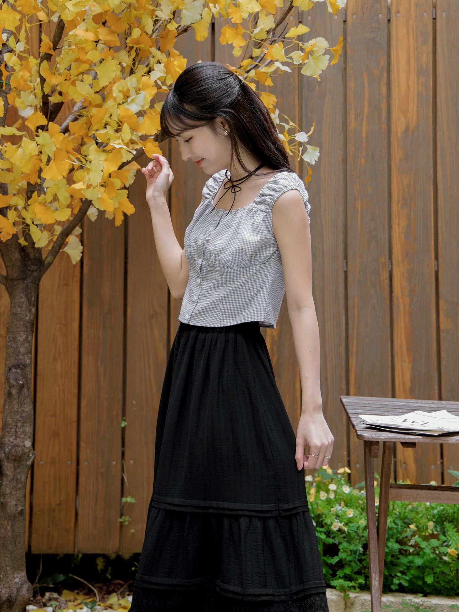 Gathered Buttoned Checker Top
