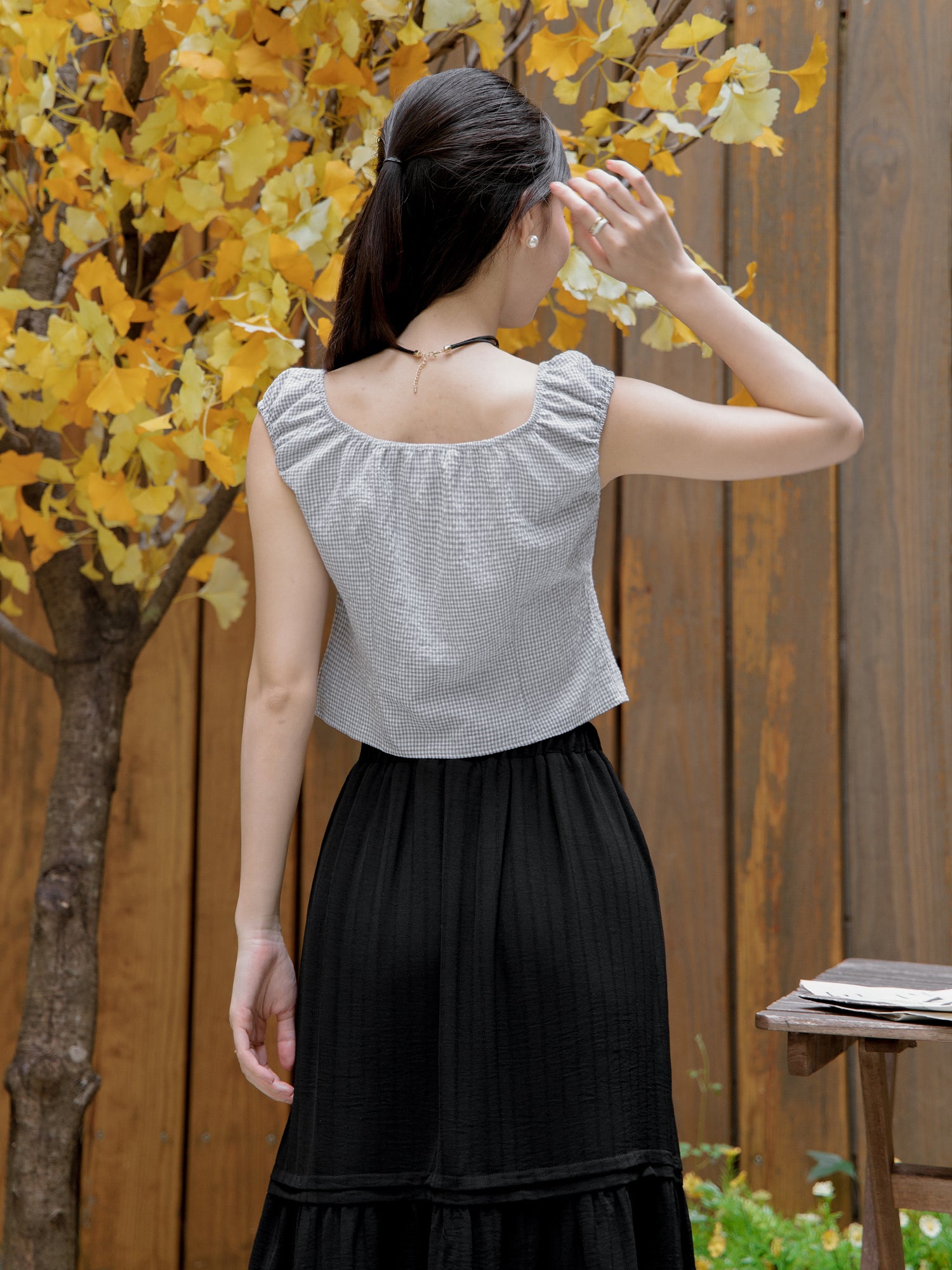 Gathered Buttoned Checker Top