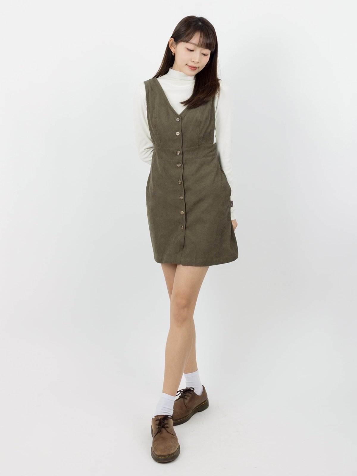 Marie Corduroy Buttoned Mini Dress - DAG-DD0072-22MatchaS - Olive Green - S - D'zage Designs