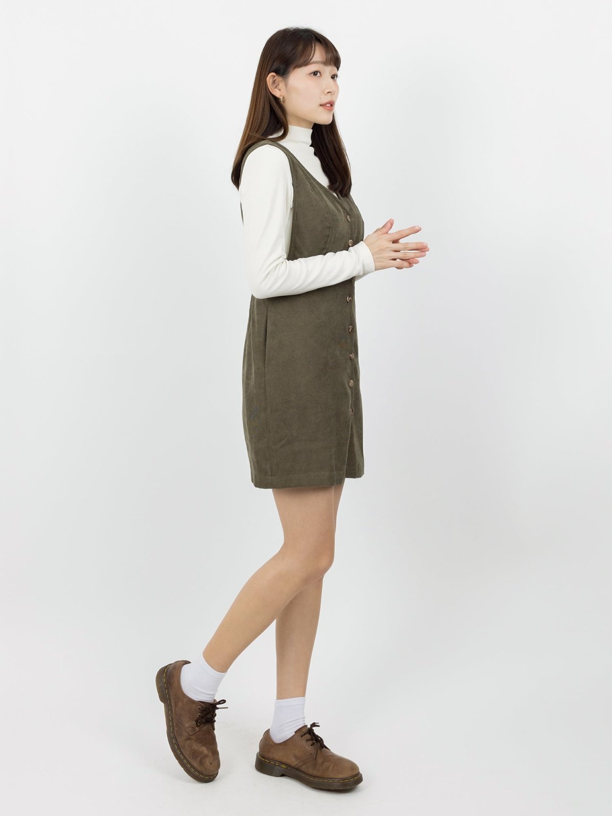 Marie Corduroy Buttoned Mini Dress - DAG-DD0072-22MatchaS - Olive Green - S - D'zage Designs