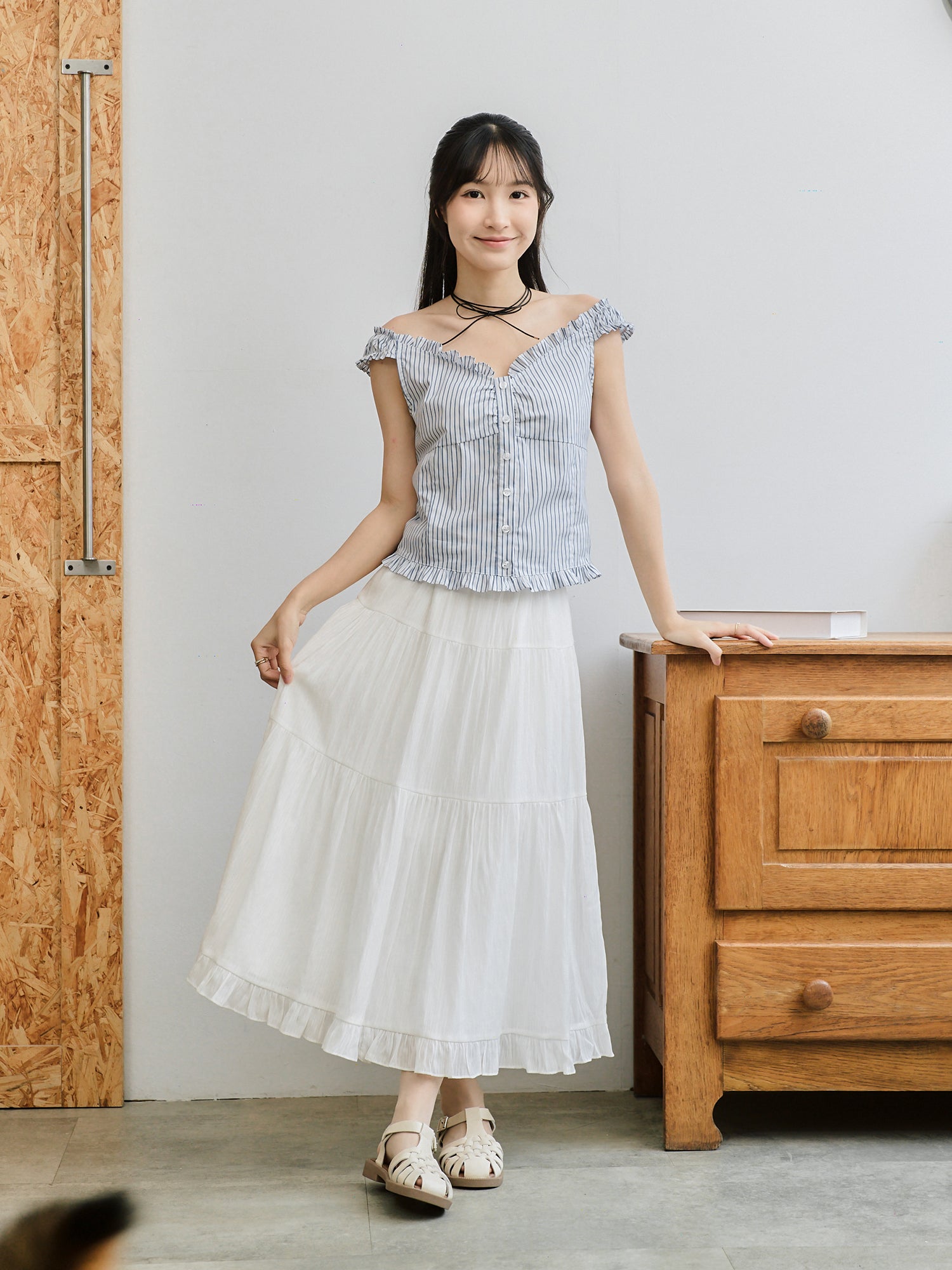 Striped Ruffle Buttoned Top
