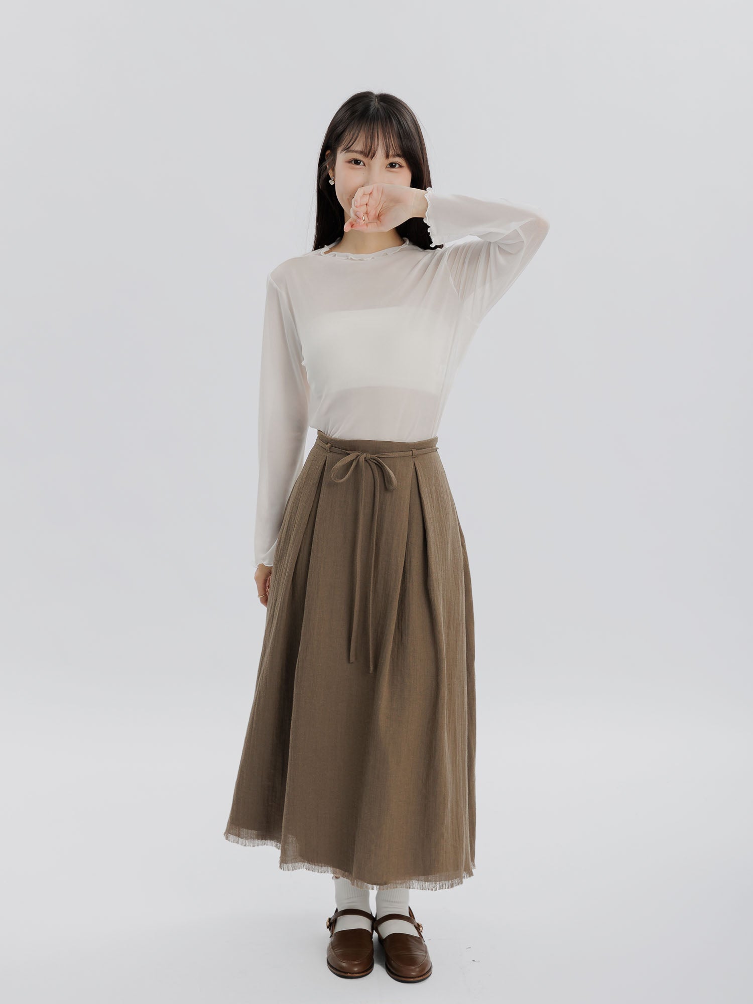 Priscilla 透膚木耳邊長袖上衣