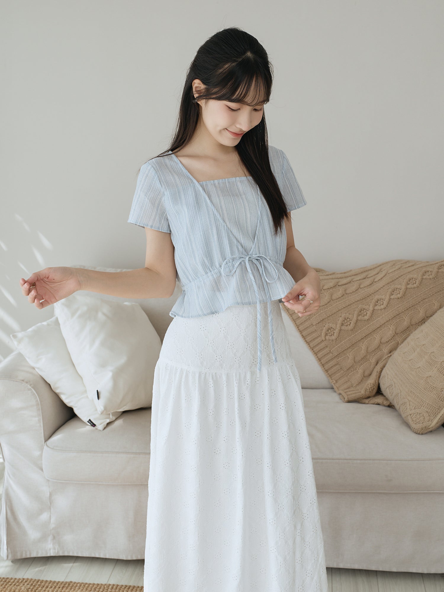 仿麻條紋假兩件上衣