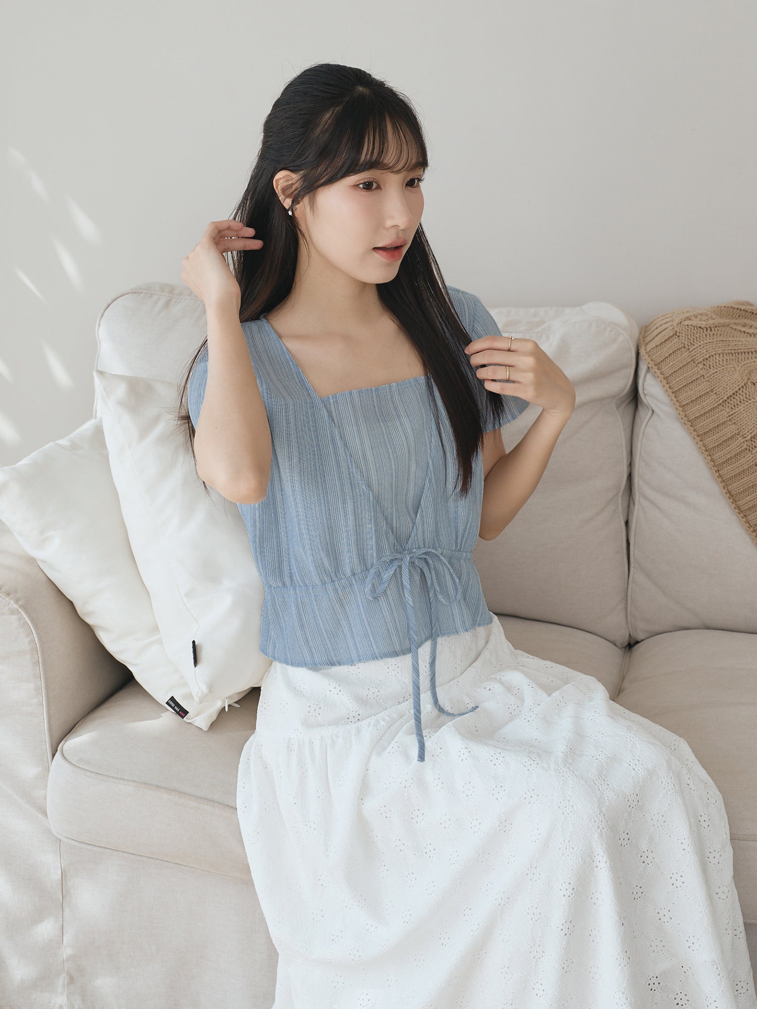 仿麻條紋假兩件上衣