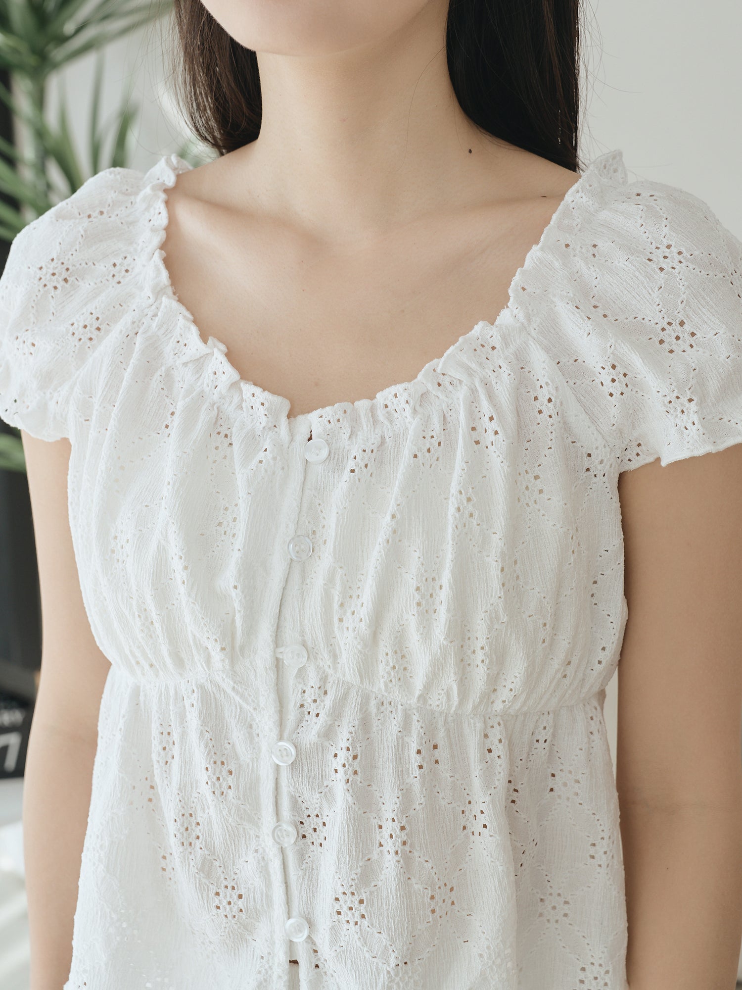 Buttoned Cap Sleeve Eyelet Top