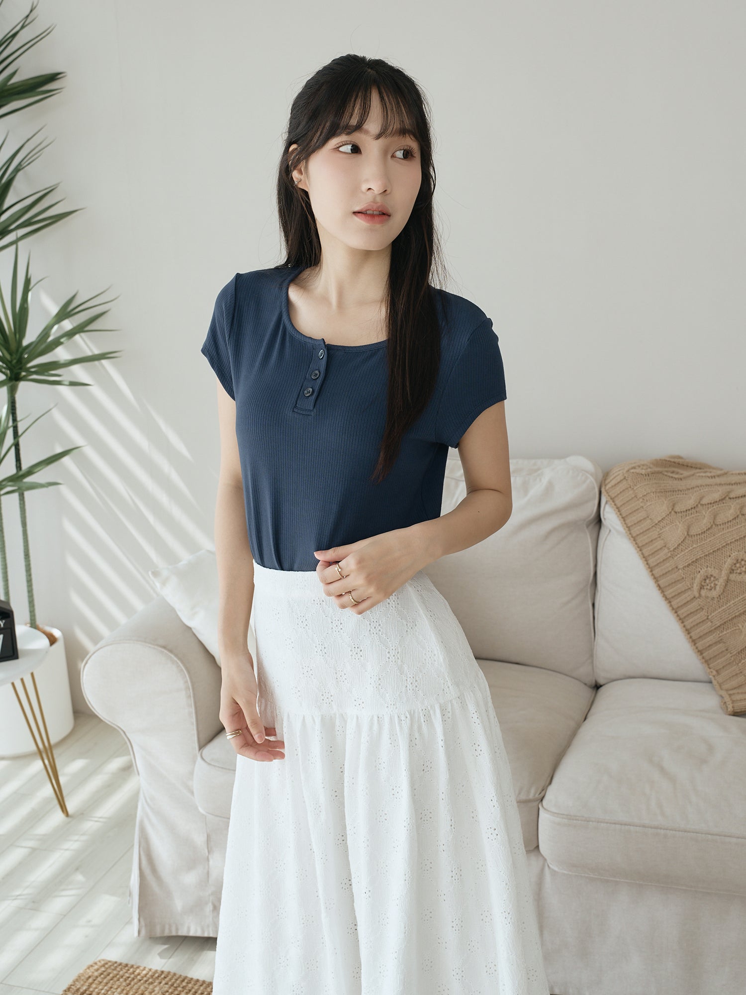 Henley Neck Ribbed Top
