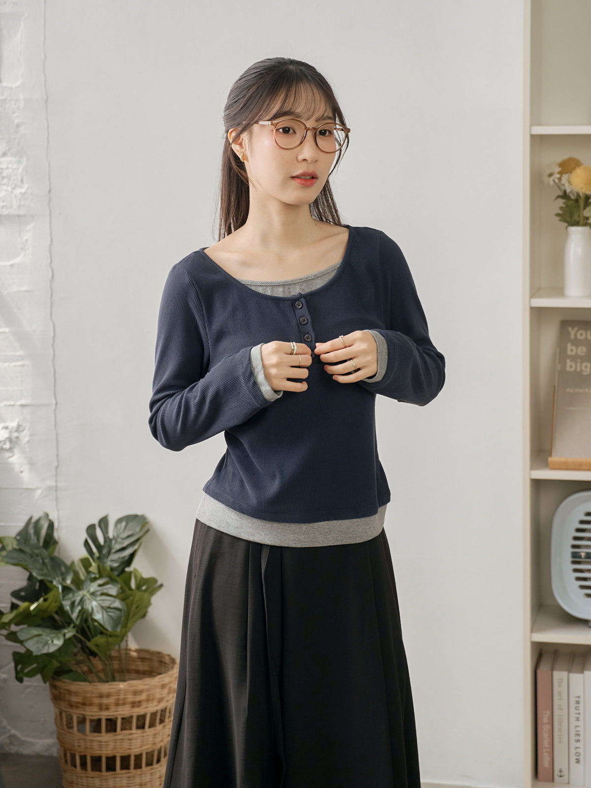 Soft Contrast Layered Henley Top