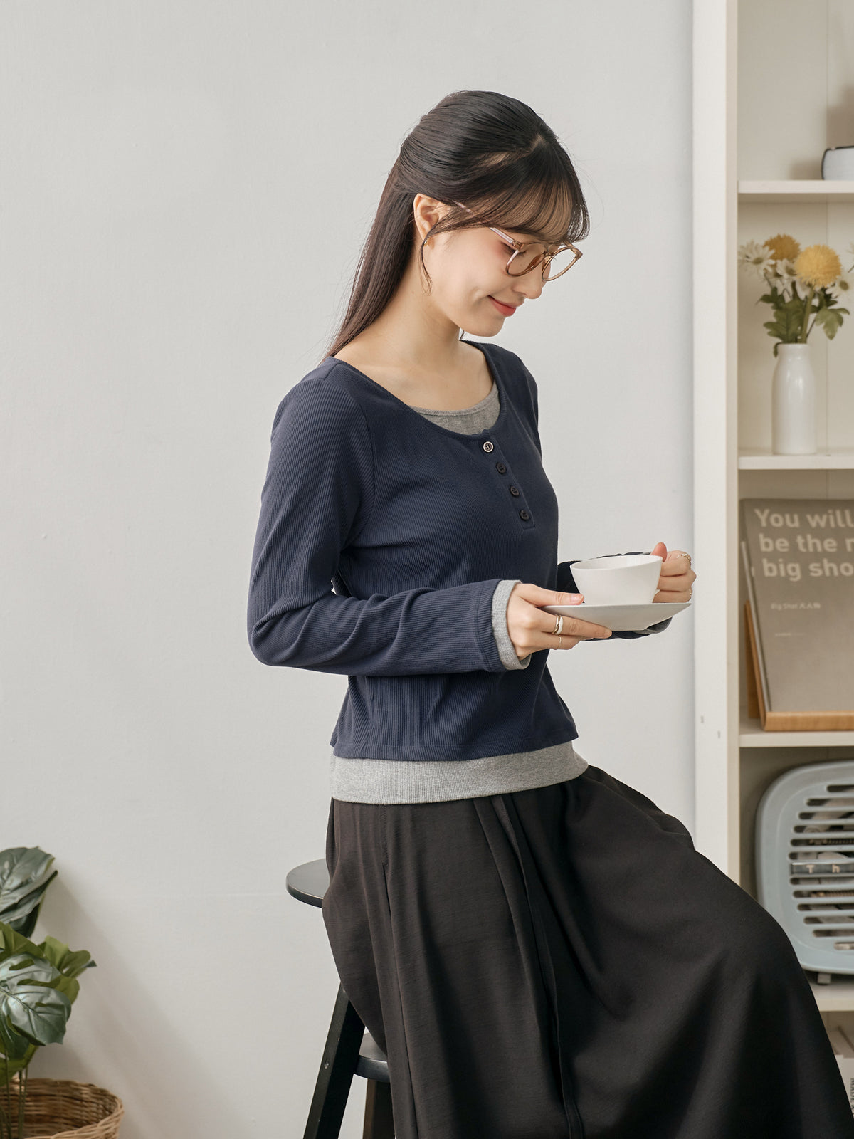 Soft Contrast Layered Henley Top