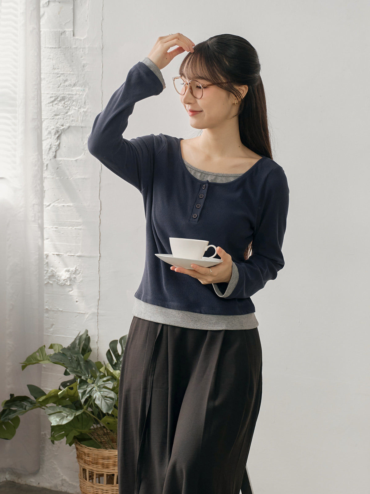 Soft Contrast Layered Henley Top