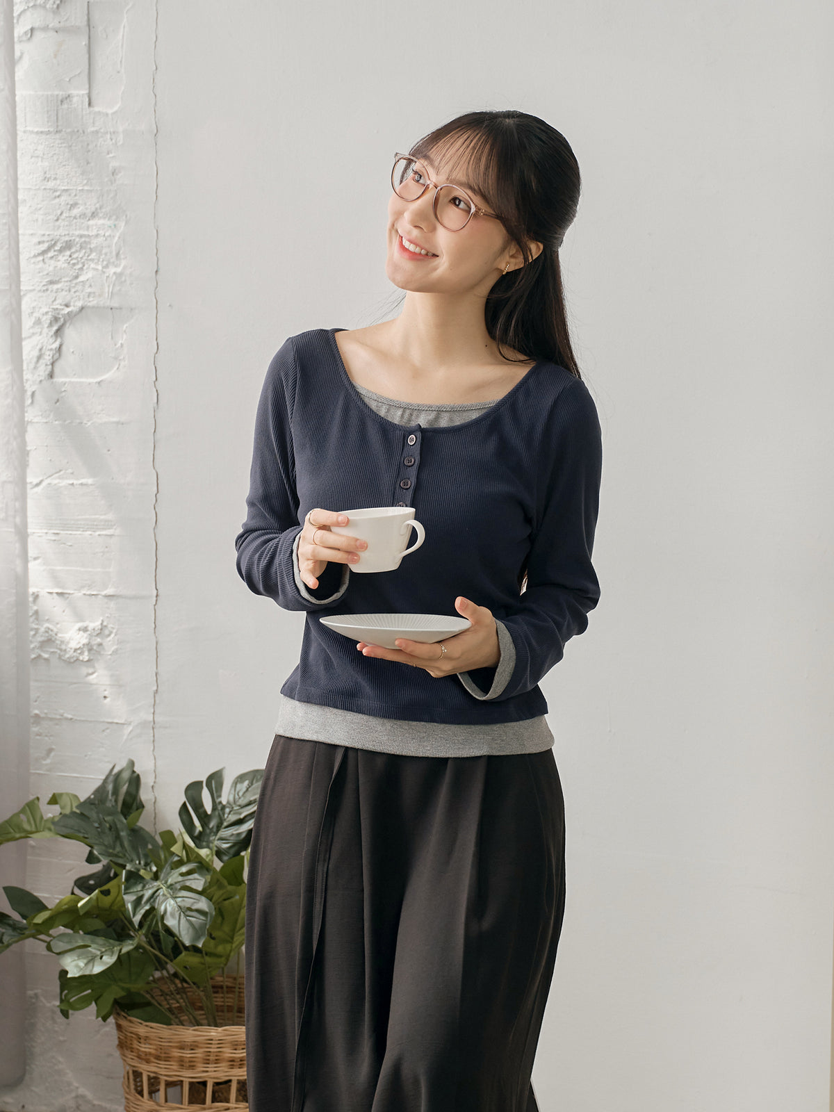 Soft Contrast Layered Henley Top