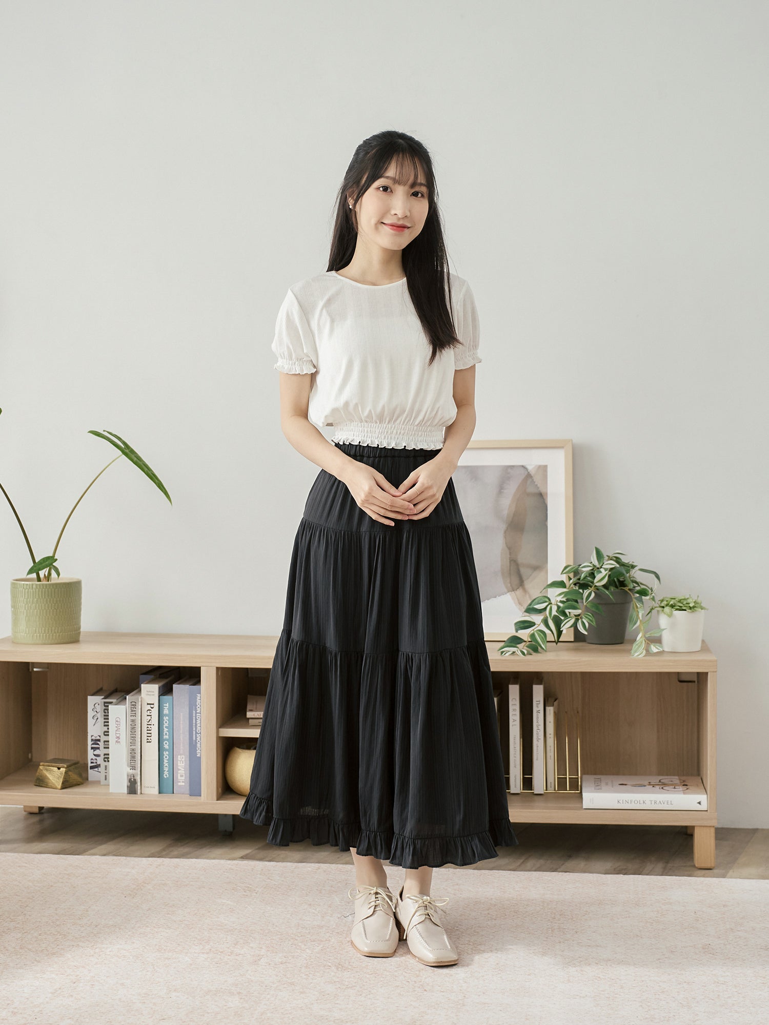 Pointelle Puff Sleeve Shirring Top