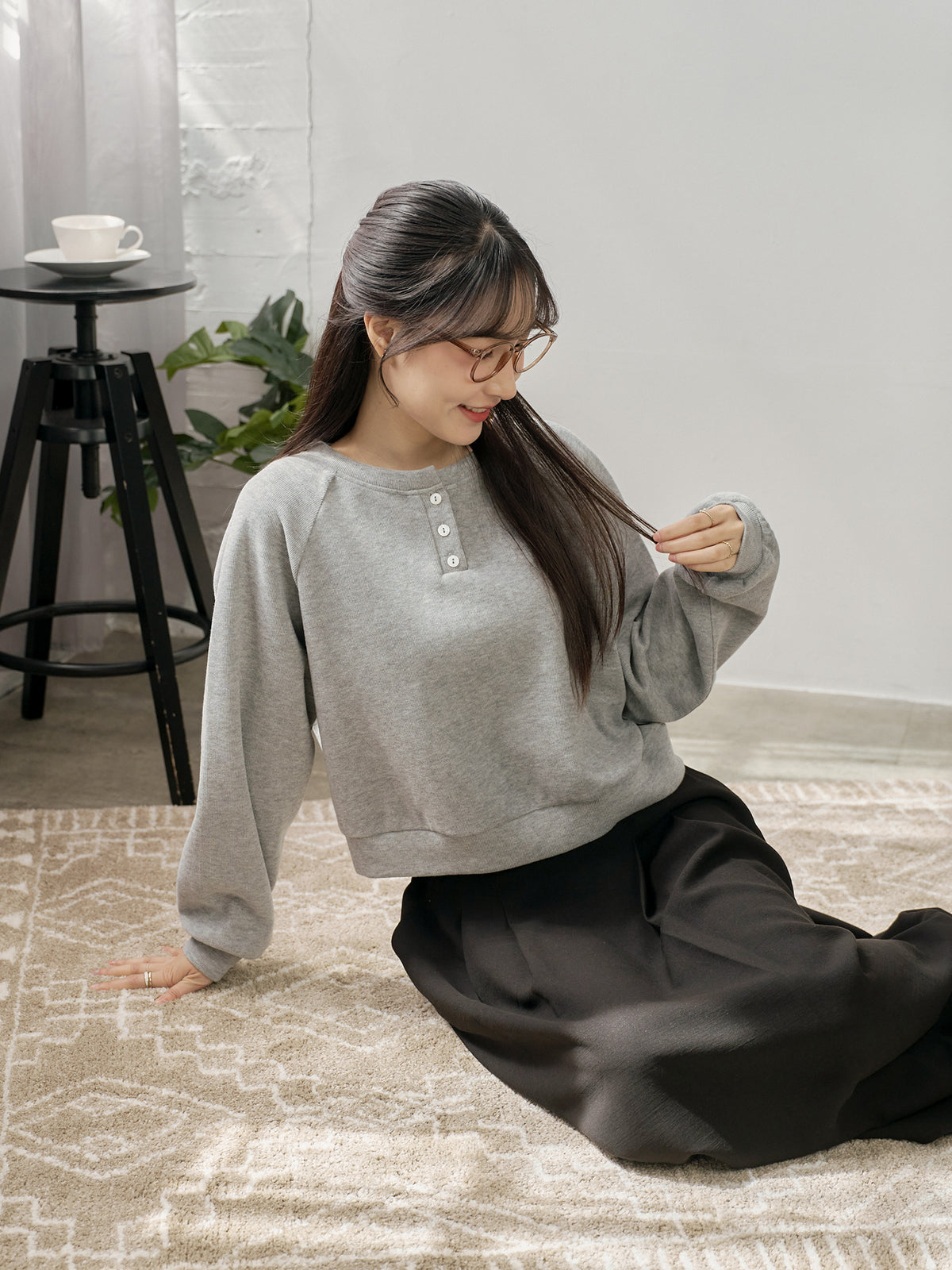 Cropped Henley Sweatshirt