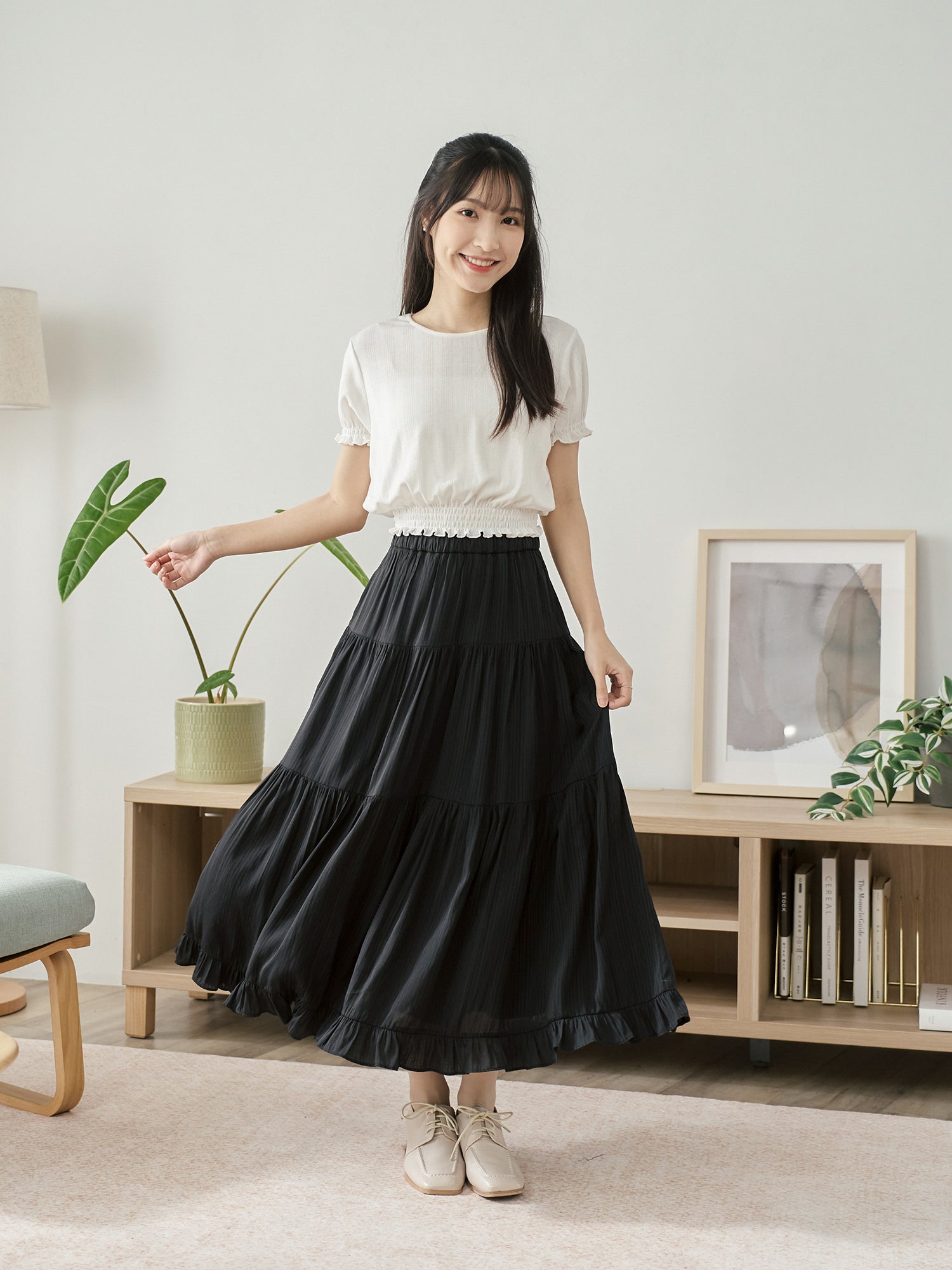 Pointelle Puff Sleeve Shirring Top