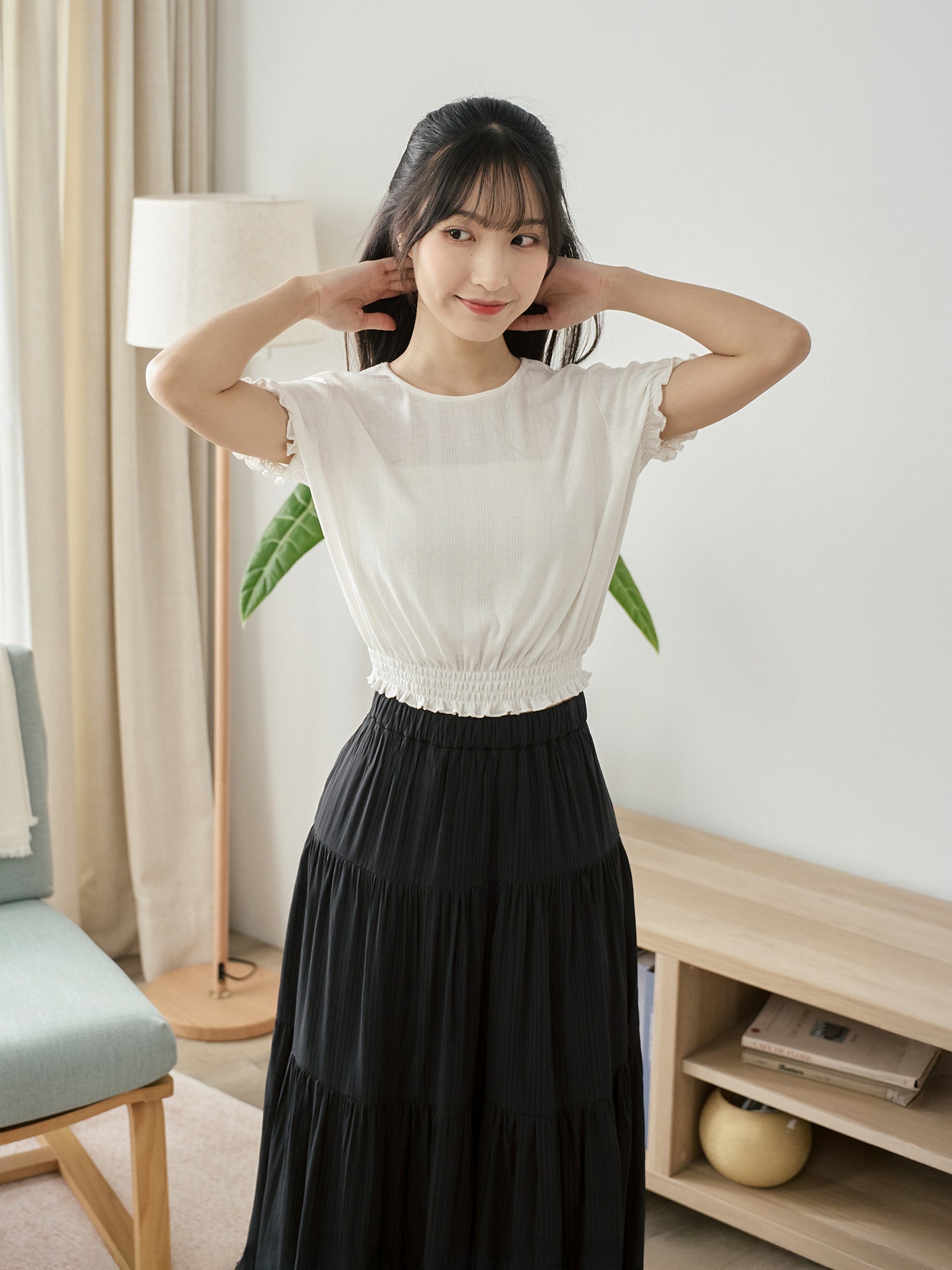 Pointelle Puff Sleeve Shirring Top